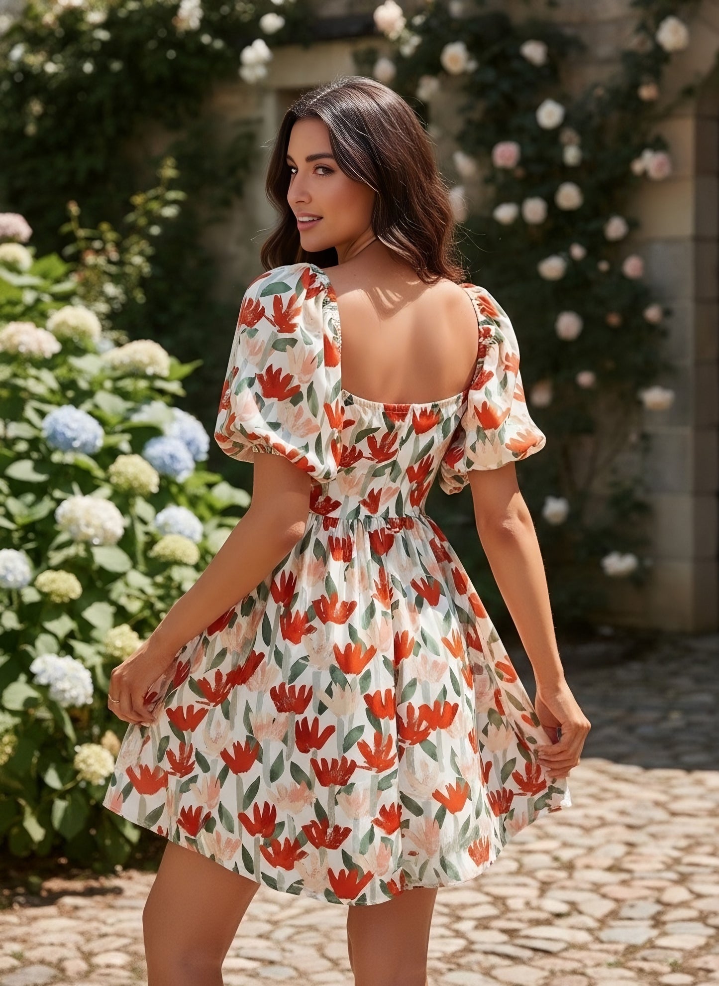 Berrylush Women Red & White Square Neck Floral Print Puff Sleeve Fit & Flare Mini Dress