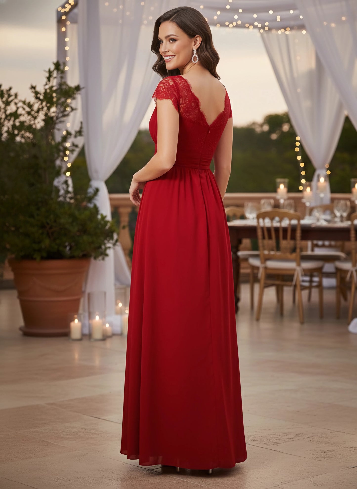 Solid Red V-Neck Lace Inserts Thigh-High Slit Flared Maxi Dress