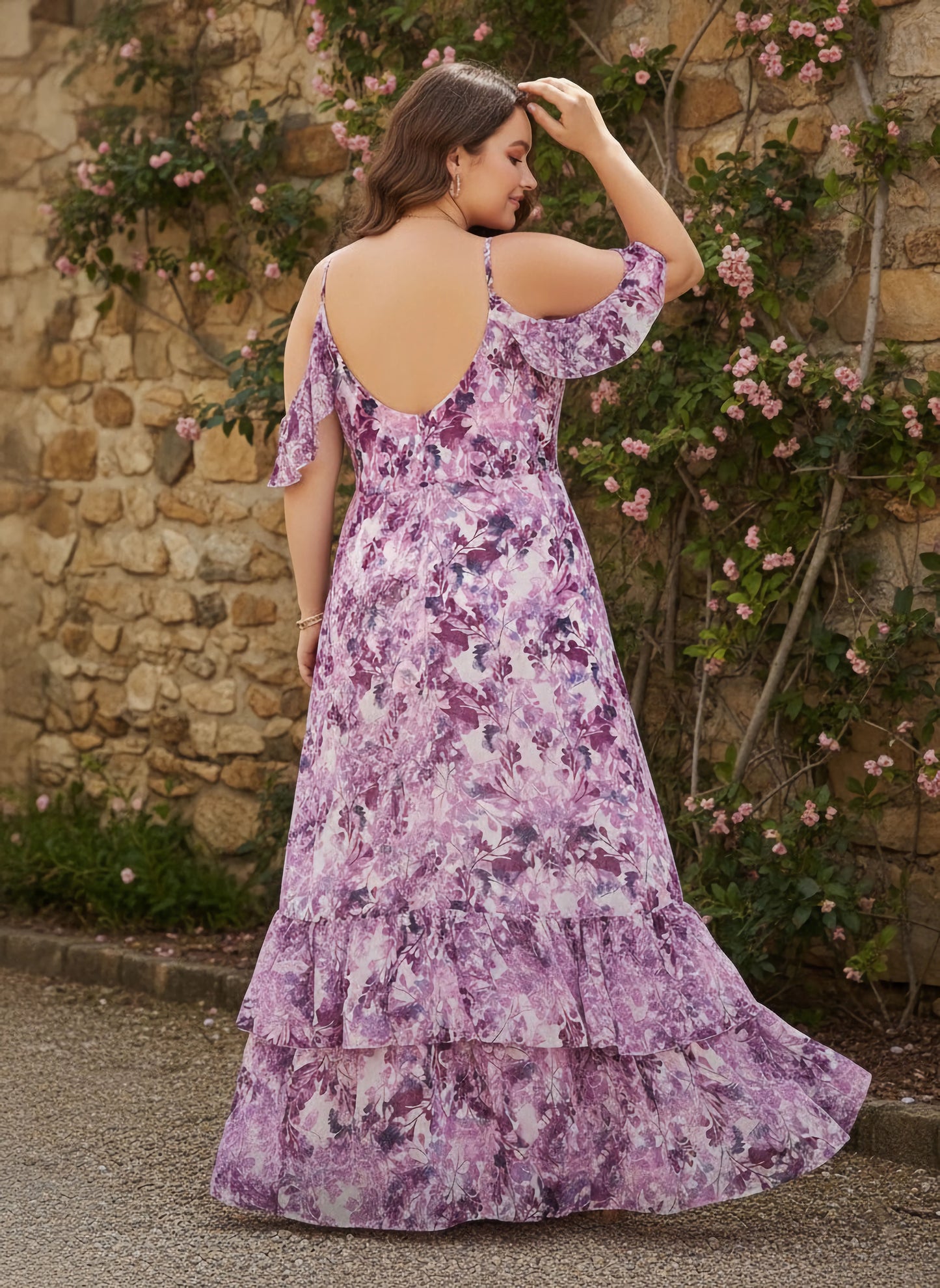 Plus Size White, Purple, & Navy Blue Floral Printed V-Neck Cold-Shoulder Sleeve Backless Georgette Layered Maxi Dress