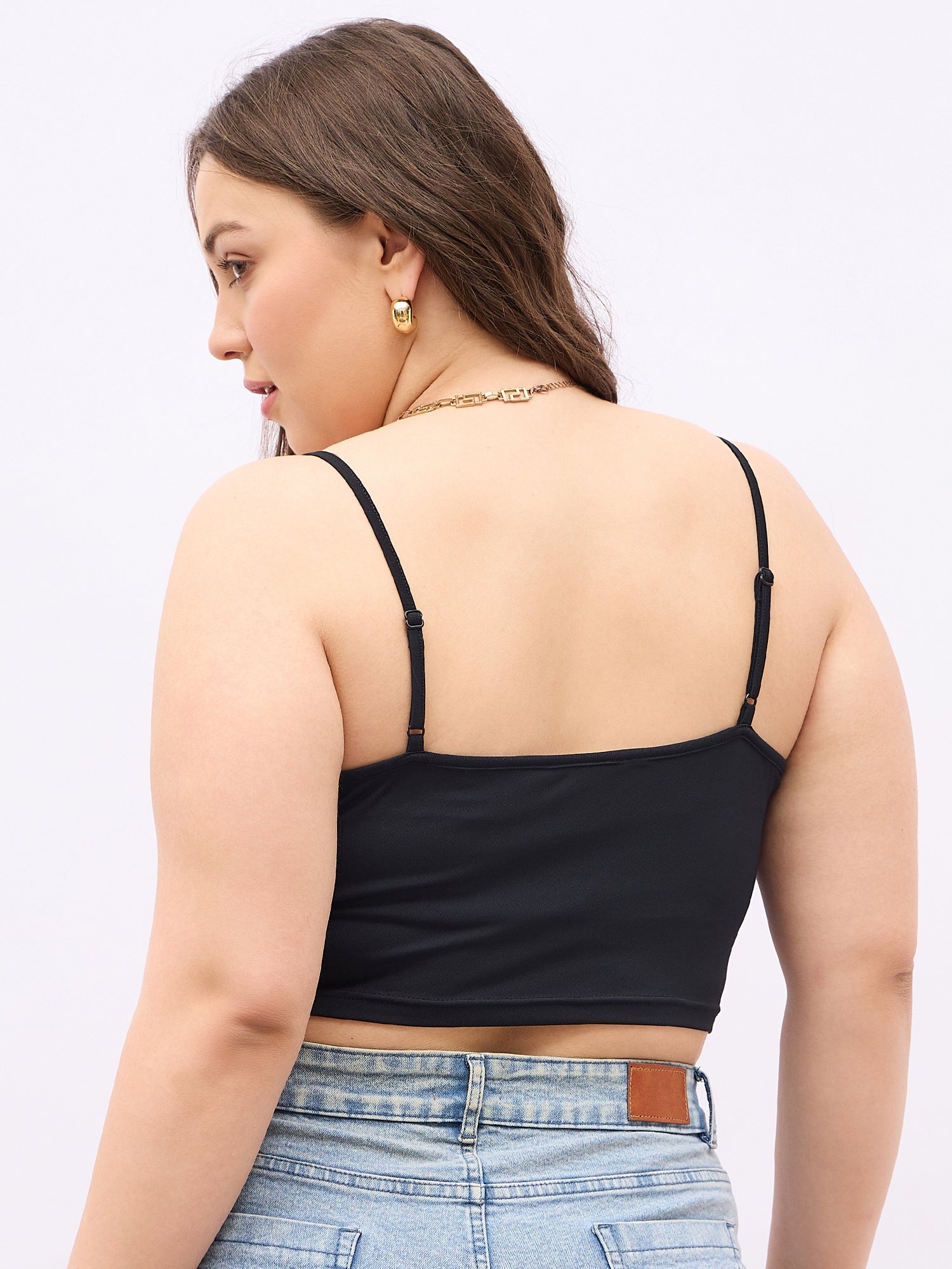 Curve Black Solid Shoulder Straps Asymmetrical Cami Crop Top