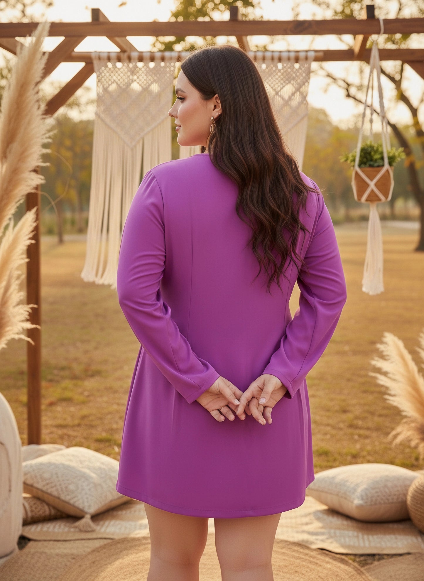 Plus Size Solid Purple V-Neck Front Button-Up Curve Hem Flared Mini Shirt Dress