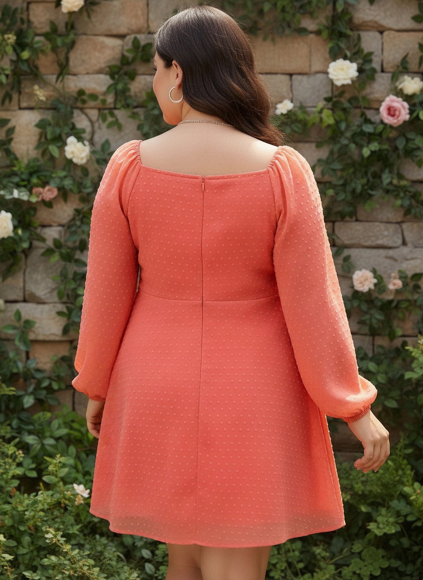 Berrylush Women Plus Size Pink Self-Design Pattern Square Neck Sheer Flared A-Line Mini Dress