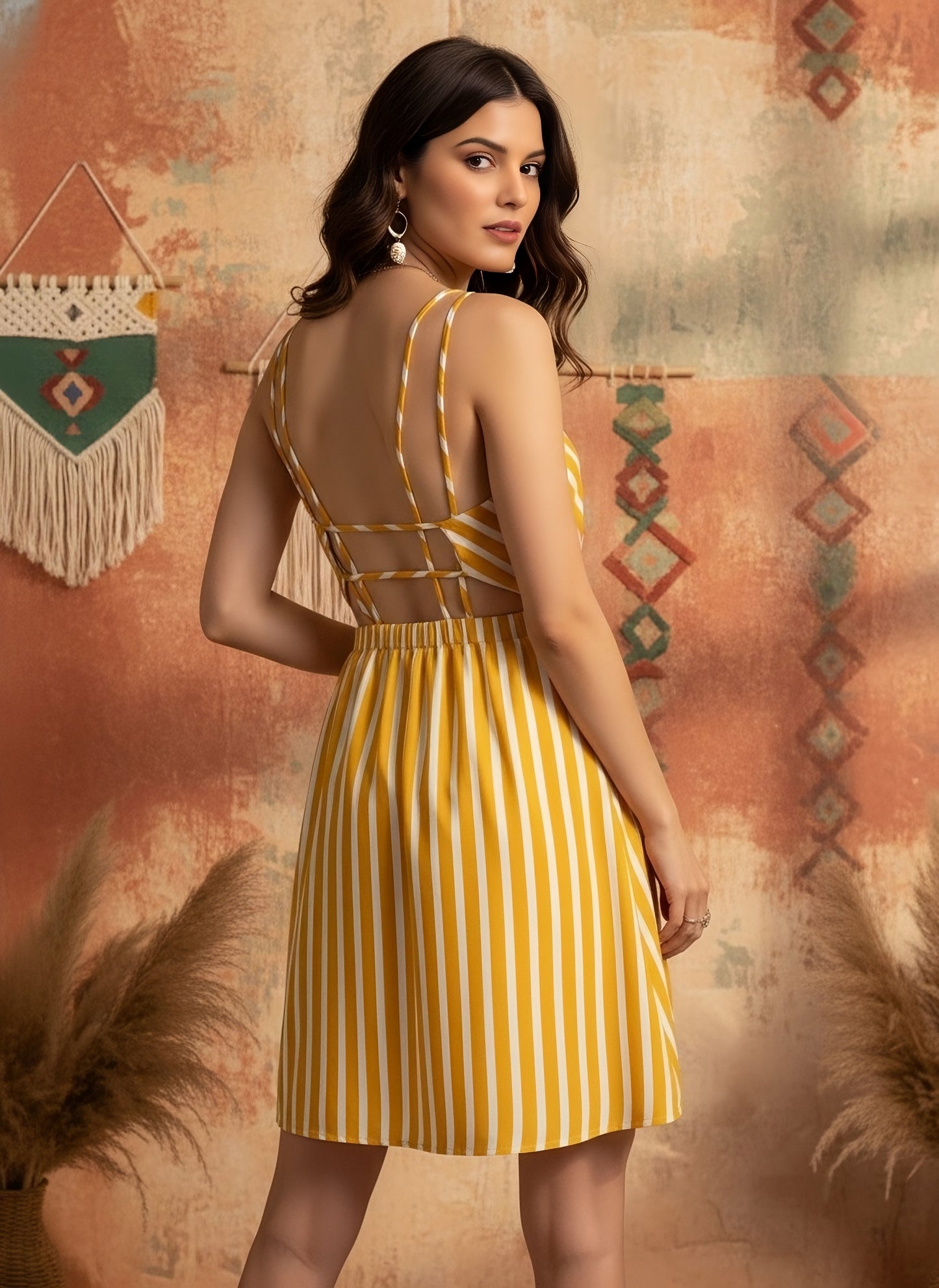 Berrylush Women Yellow & White Stripe Printed V-Neck Open Back Straight Hem A-Line Mini Dress
