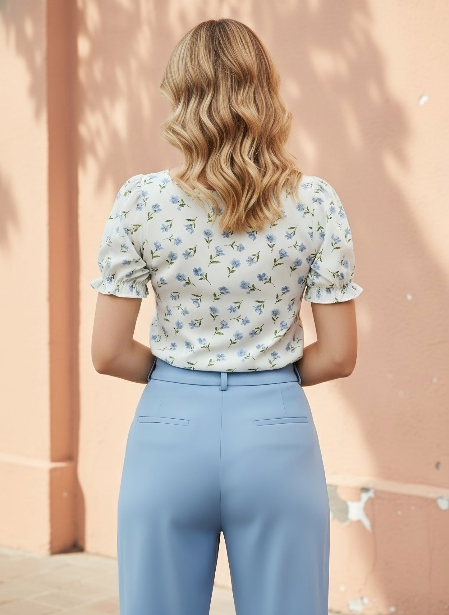 Berrylush Women White & Blue Ditsy Floral Printed Square Neck Puff Sleeves Slip-On Regular Blouse