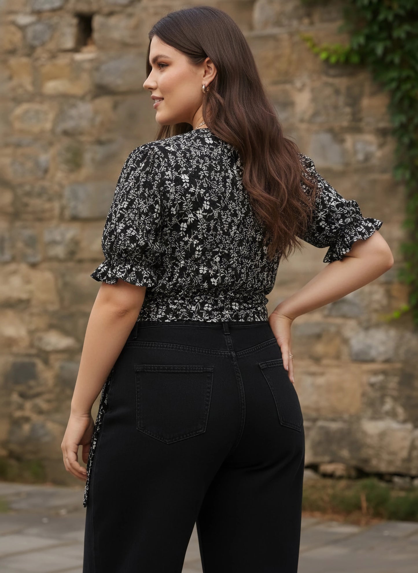 Berrylush Women Plus Size Black & White Floral Printed V-Neck Waist Tie-Up Crepe Wrap Regular Top