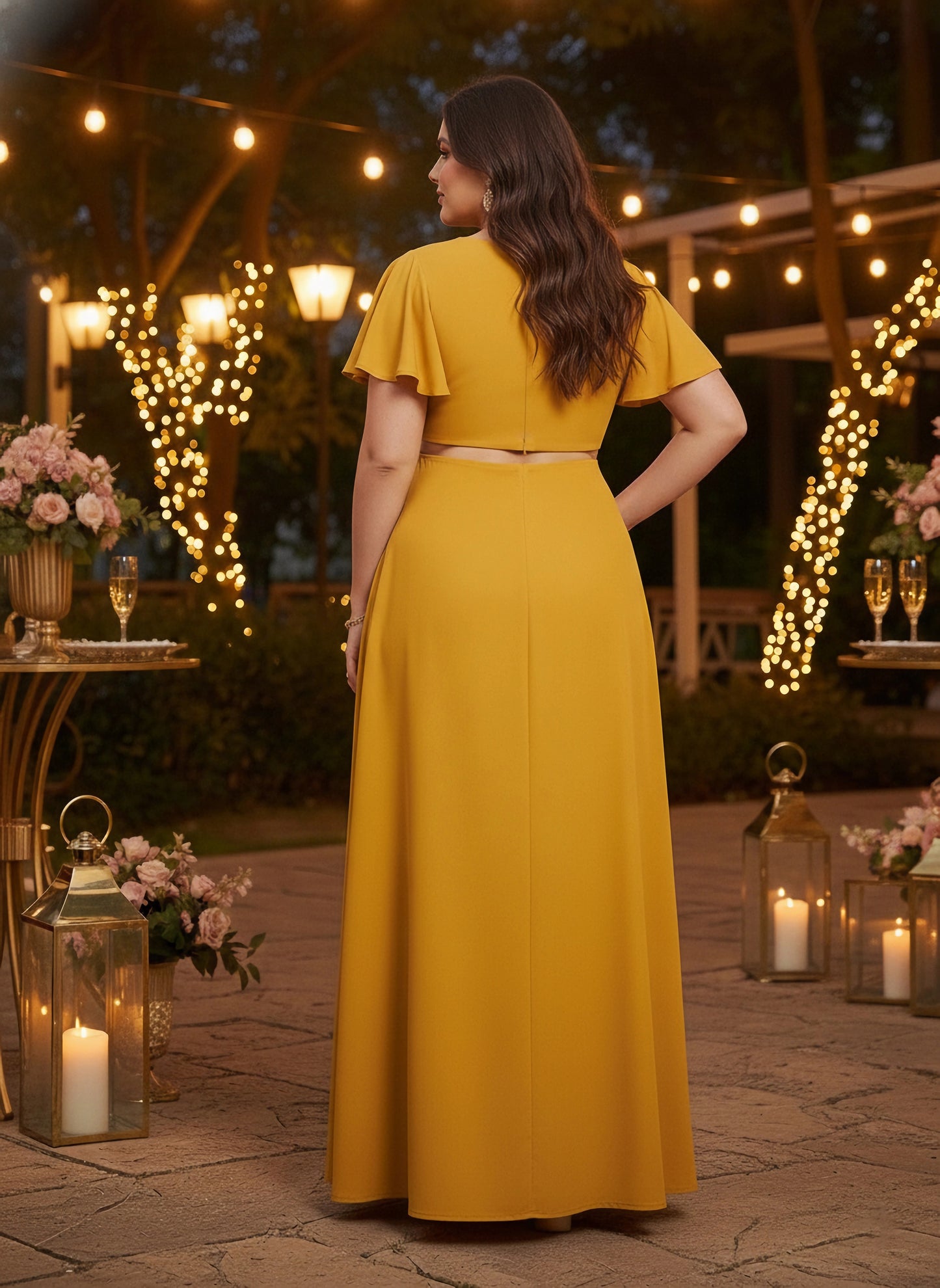 Plus Size Solid Yellow Round Neck Flutter Sleeve Back Cutout Thigh-High Slit Flared Maxi Dress