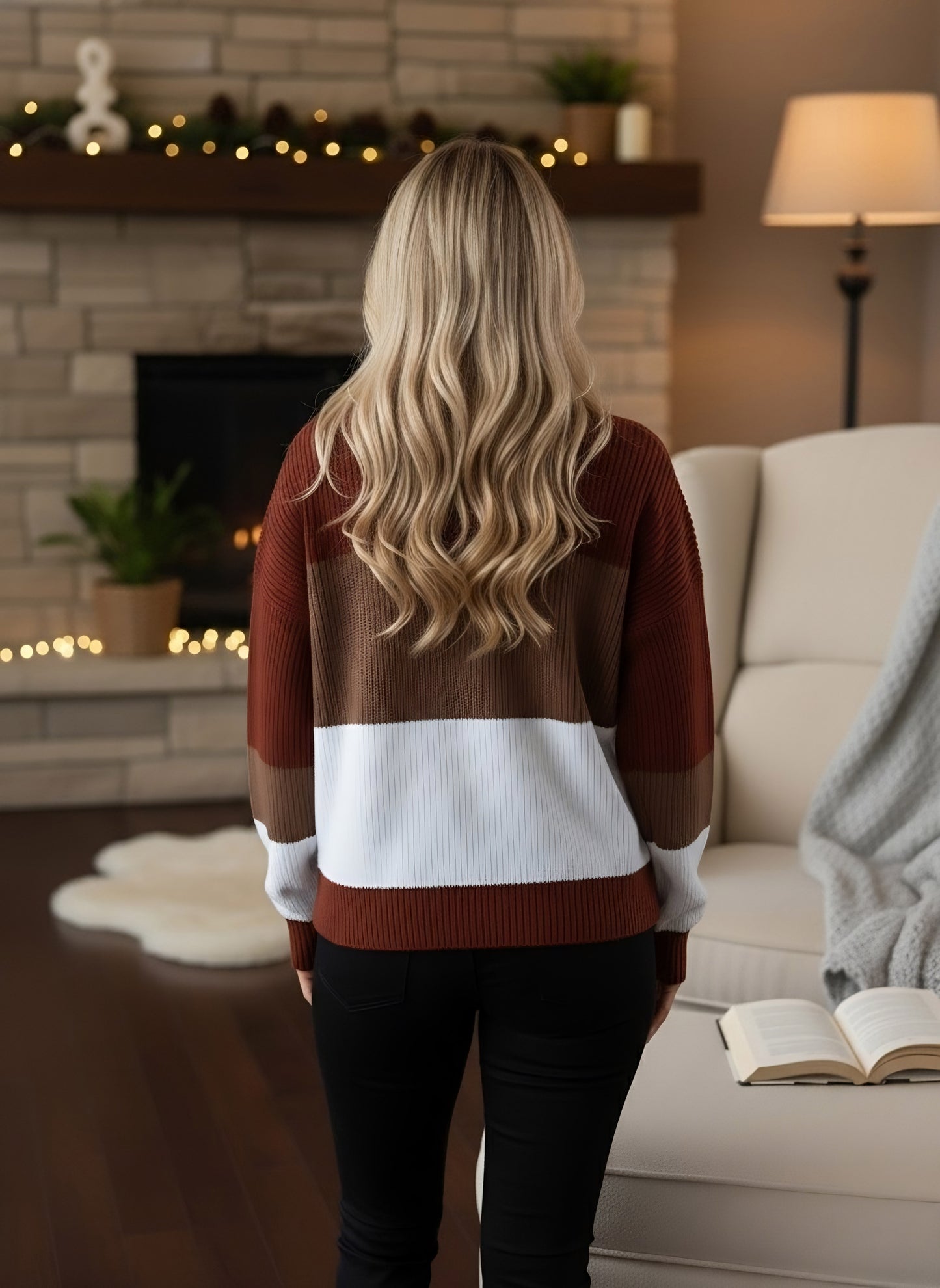 Berrylush Women Brown & White Striped Pattern Round Neck Acrylic Straight Hem Regular Pullover