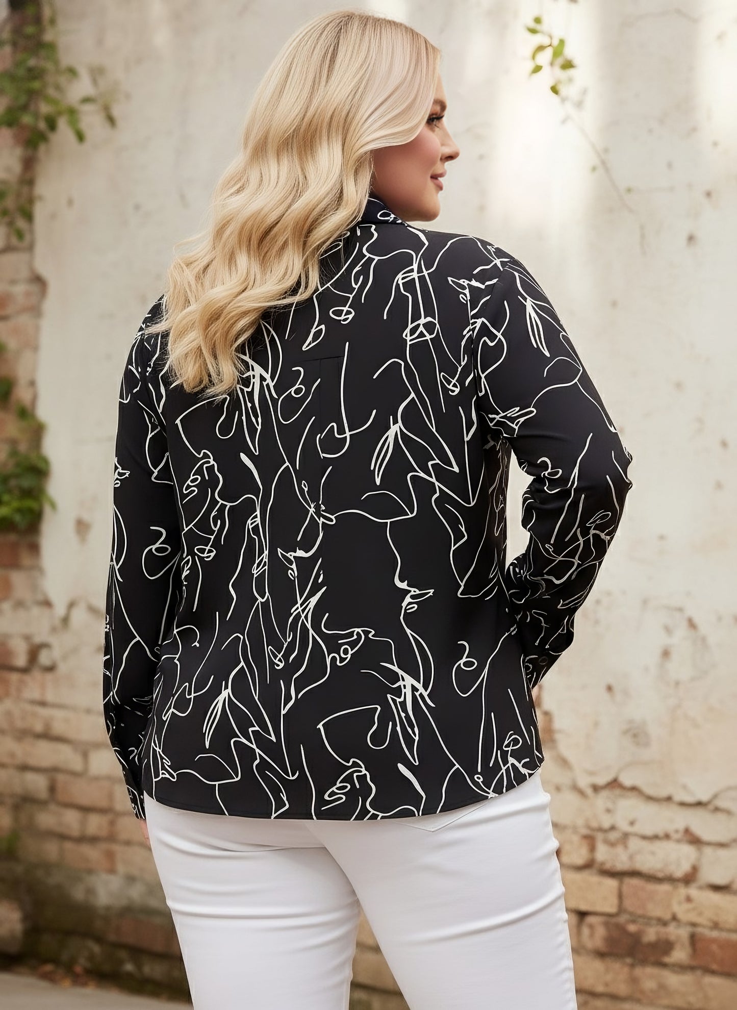 Berrylush Women Plus Size Black & White Abstract Printed Spread Collar Neck Button-Up Curved Hem Regular Shirt