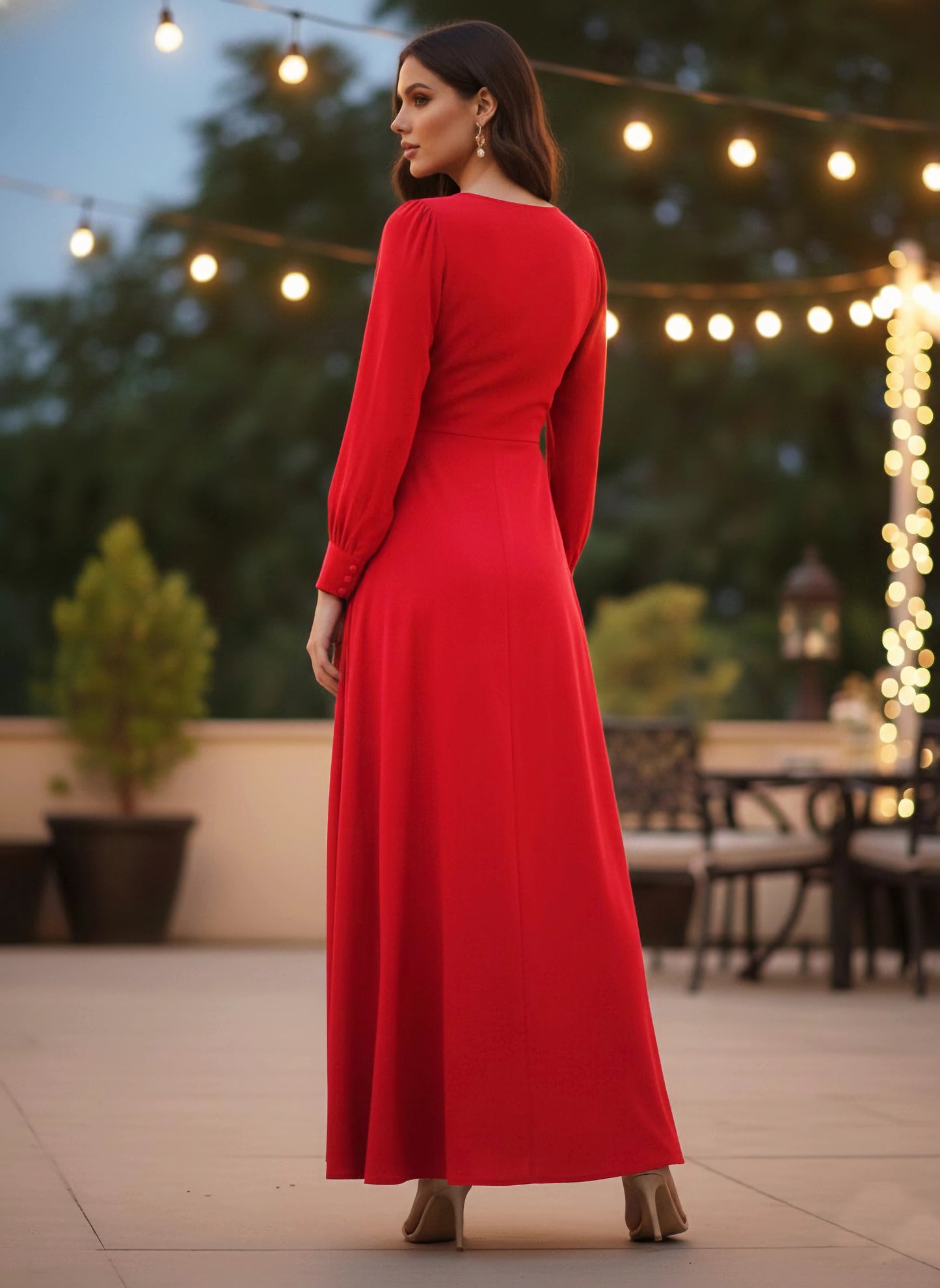 Berrylush Women Solid Red V-Neck Waist Tie-Up Thigh-High Slit Flared Maxi Dress