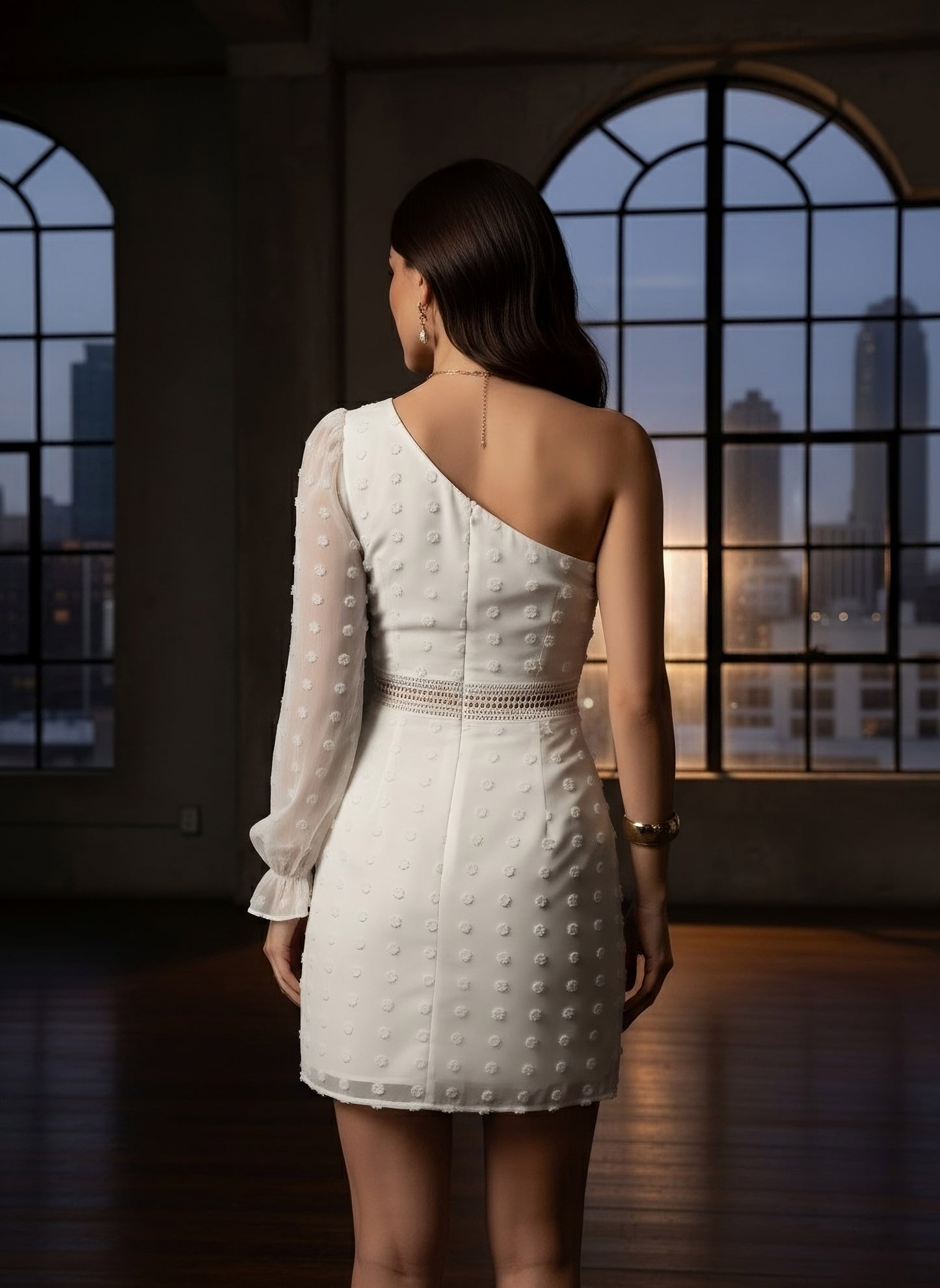 Berrylush Women White Solid One-Shoulder Neck Bishop Sleeves Bodycon Mini Dress