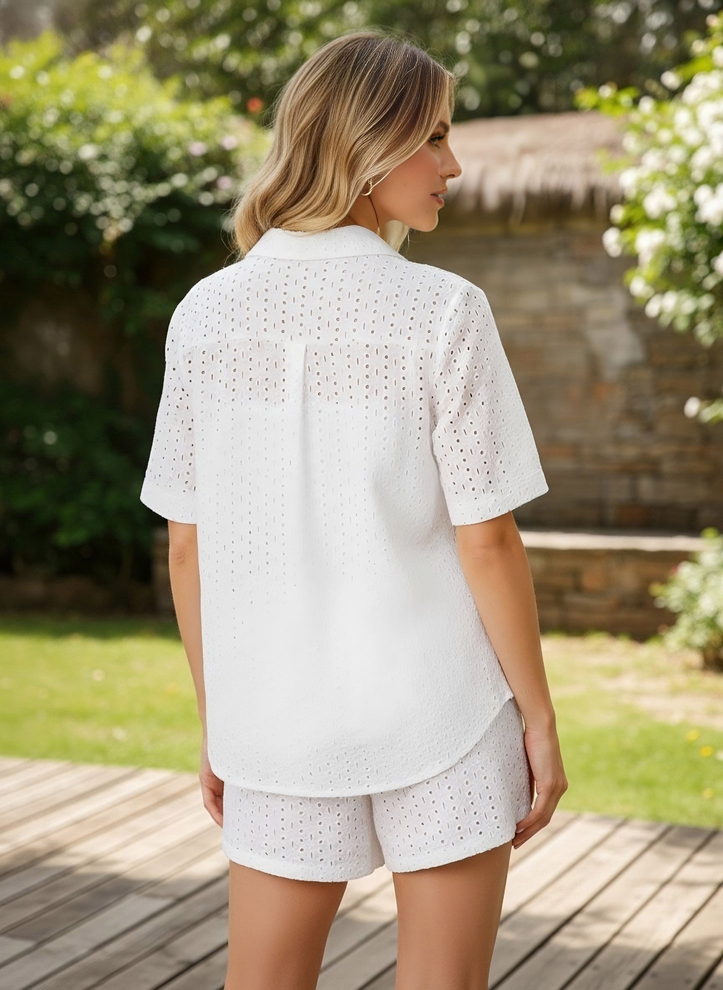 Berrylush Women White Self Design Spread Collar Pure Cotton Regular Shirt With Shorts