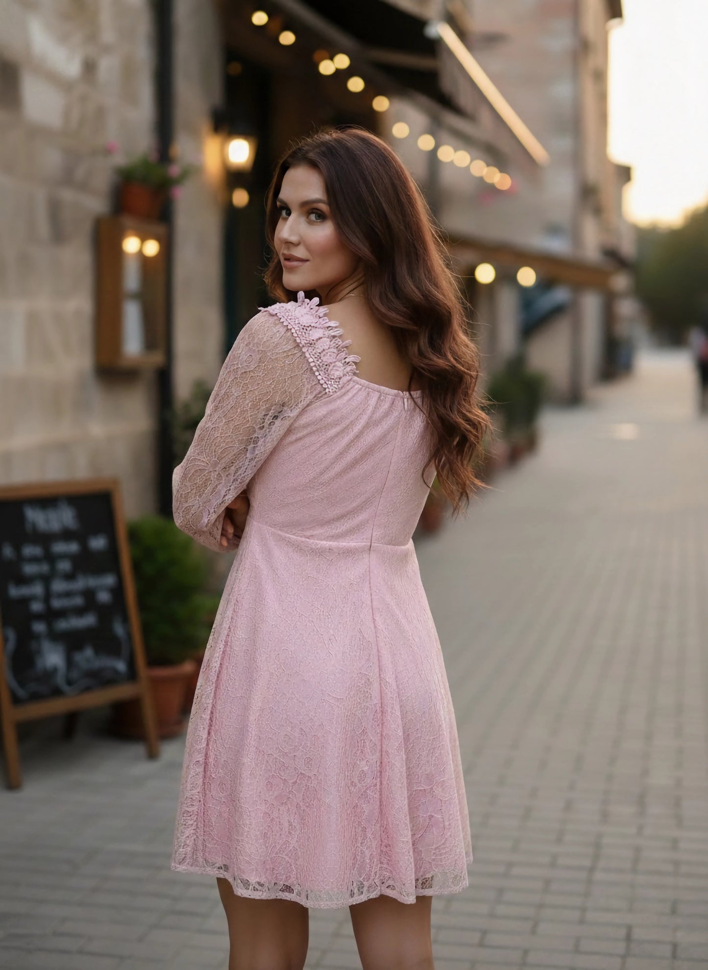 Pink Floral Pattern V-Neck Bishop Sleeves Lace-up Ruffled A-Line Mini Dress