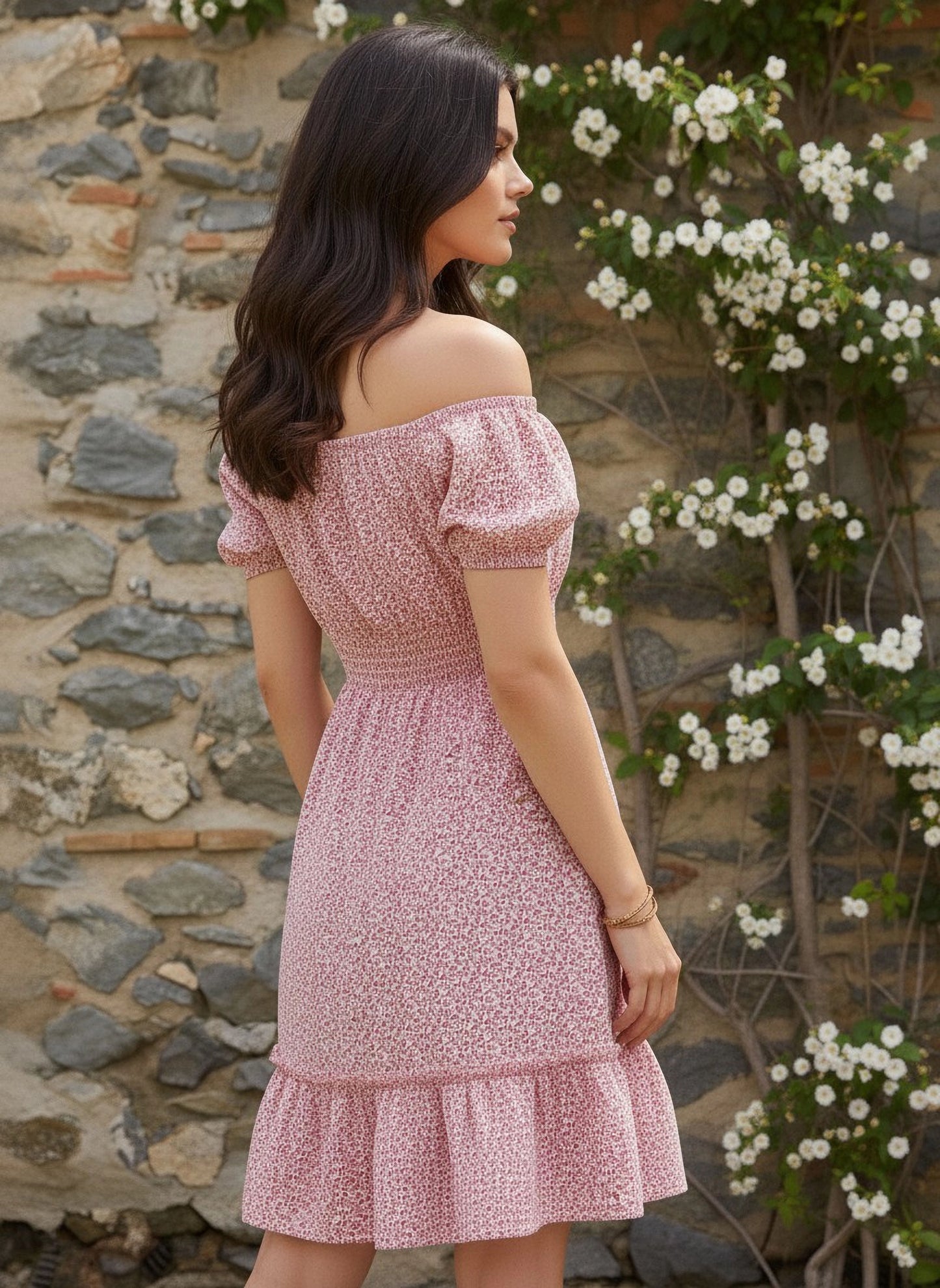 White & Pink Floral Printed Off-Shoulder Neck Front Tie-Up Pleated Fit & Flare Mini Dress