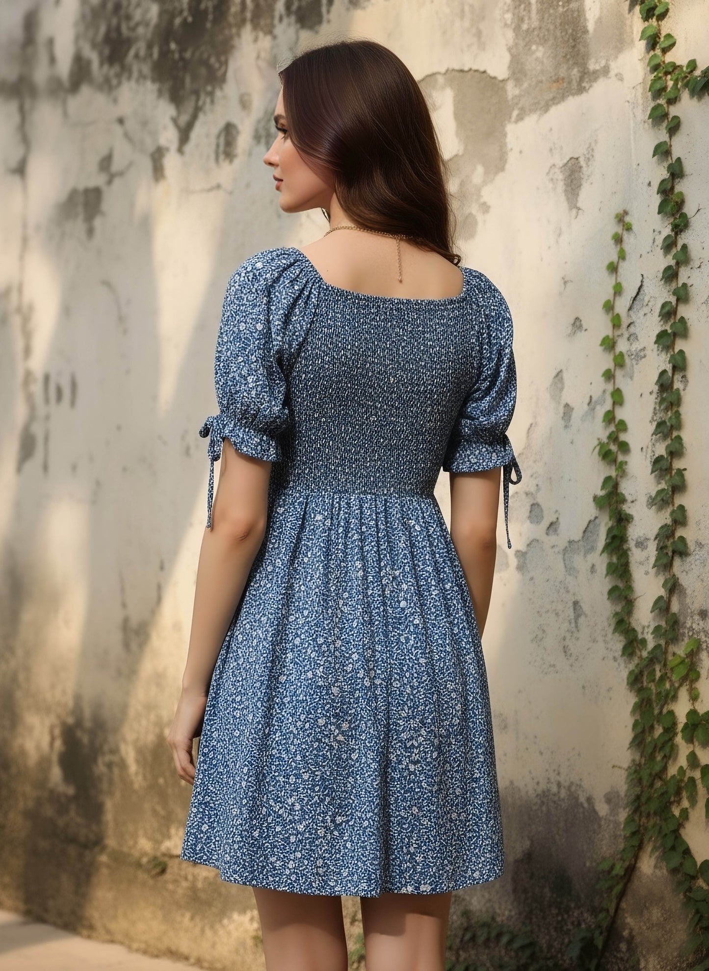 Berrylush Women Blue & White Floral Printed Square Neck Smocked Back Crepe A-Line Mini Dress