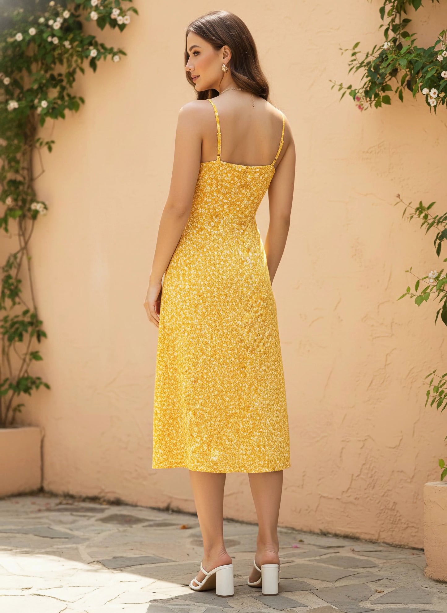 Berrylush Women Yellow & White Floral Printed Sweetheart Neck Straight Hem Slited A-Line Midi Dress