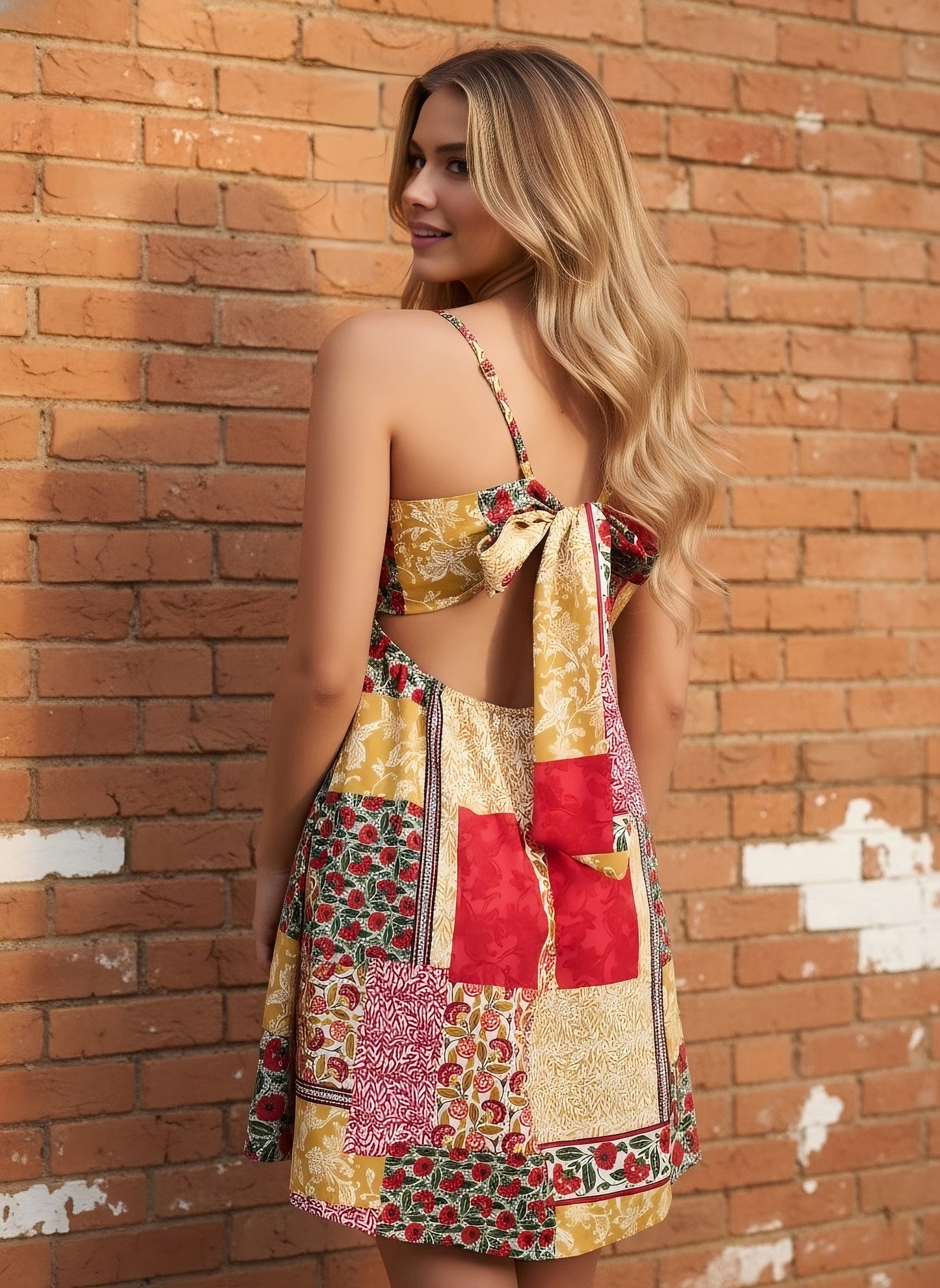 Berrylush Women Red & Yellow Floral Printed Square Neck Sleeveless Back Tie-Up Cutout Straight Hem Bodycon Mini Dress