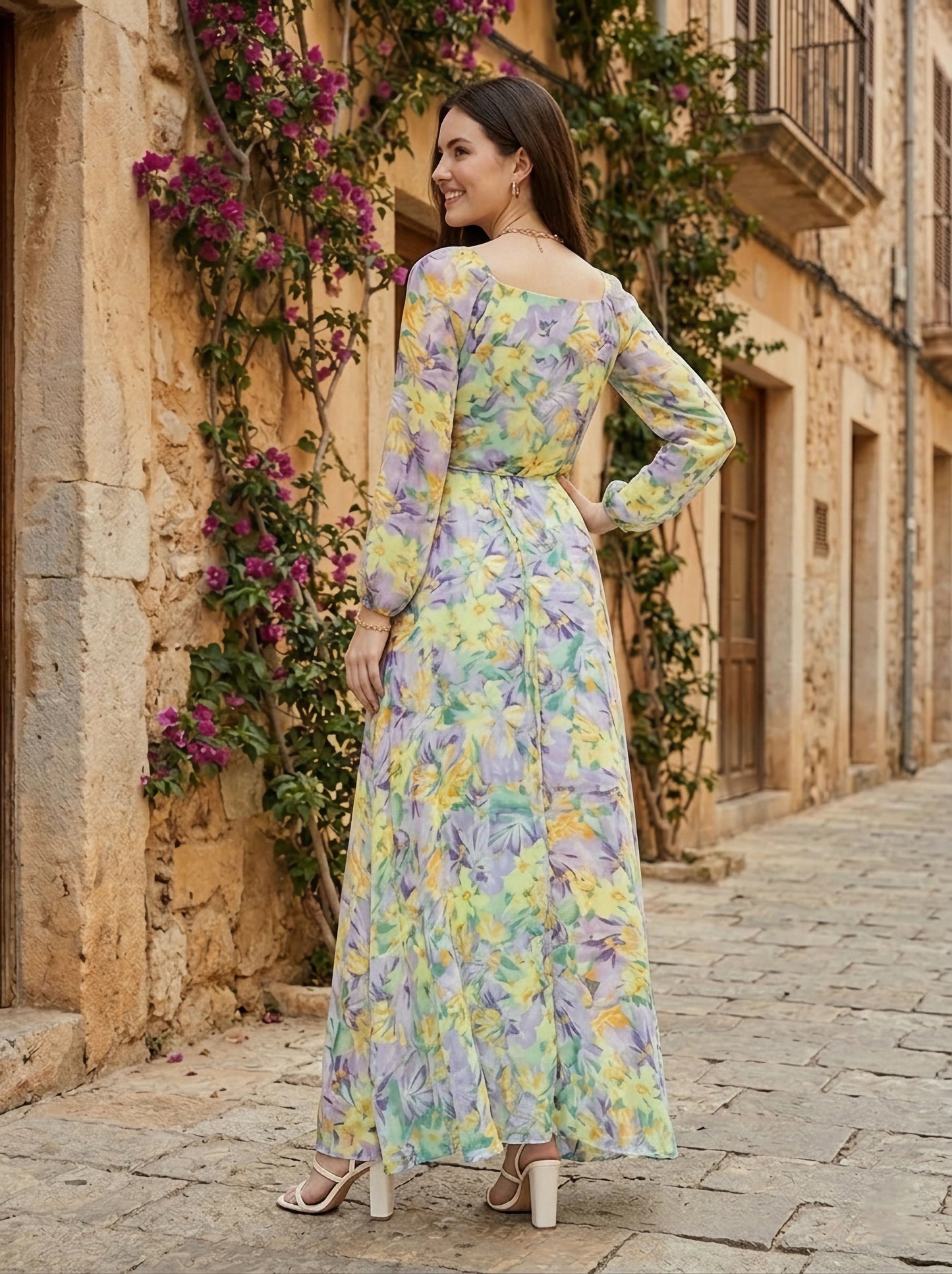 Berrylush Women Purple & Yellow Floral Printed V-Neck Thigh-High Slit Flared Wrap Maxi Dress