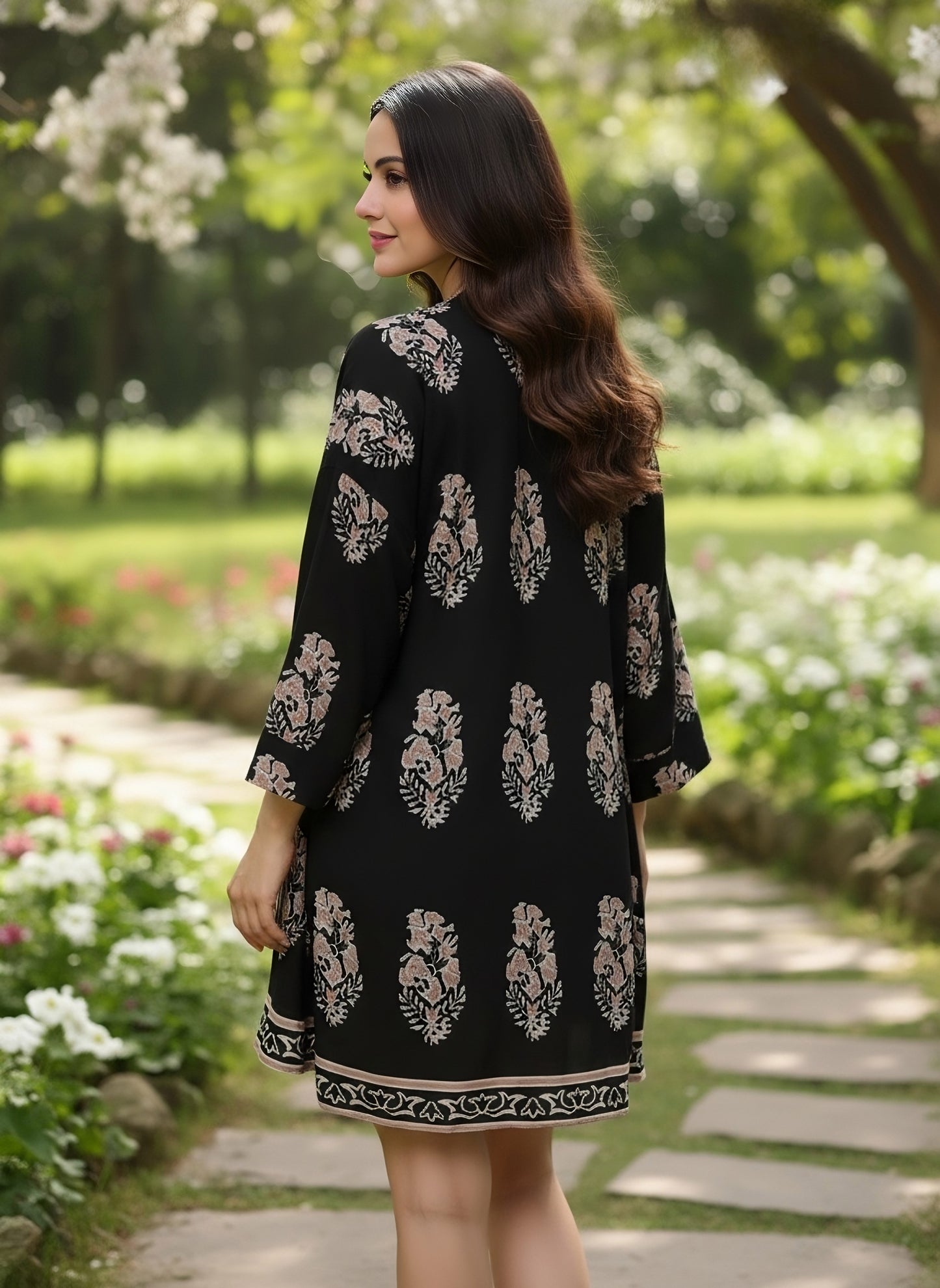 Berrylush Women Black & White Paisley Printed Crop Top & Tie-Up Front Shorts With Kimono