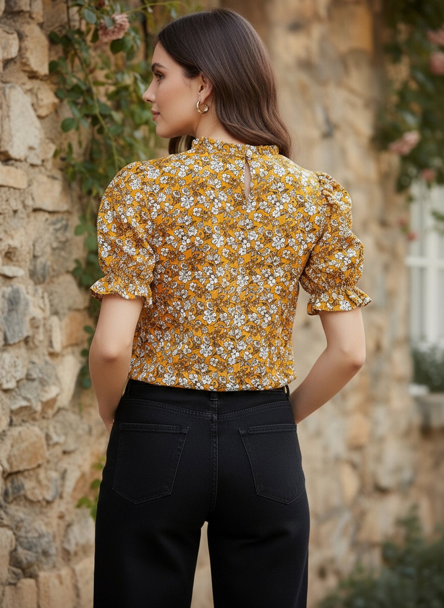 Berrylush Women Mustard Yellow & White Floral Printed Mandarin Collar Pleated Top