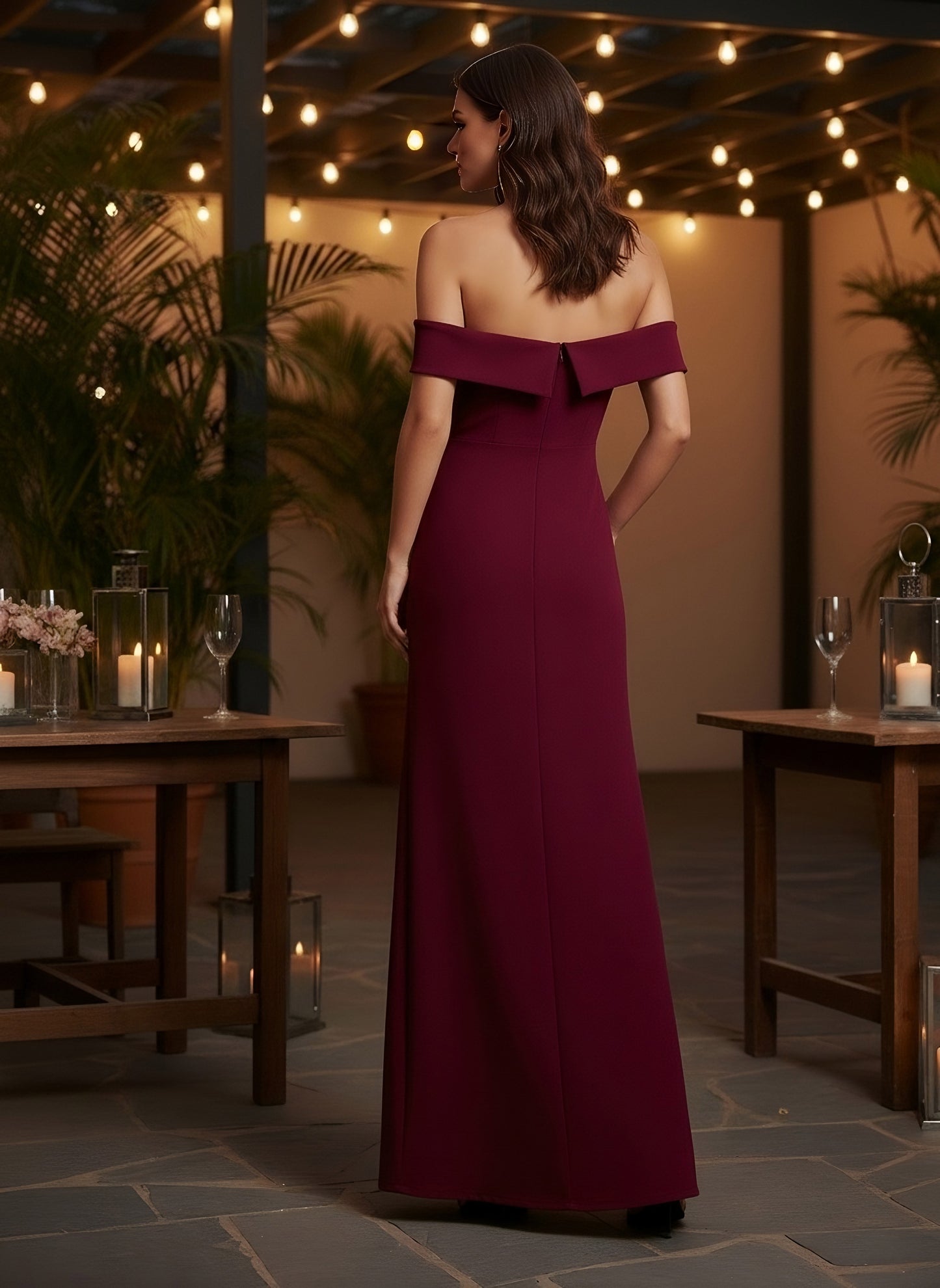 Berrylush Women Solid Maroon Off-Shoulder Neck Sleeveless Flap Front Thigh-High Slit Flared A-Line Maxi Dress
