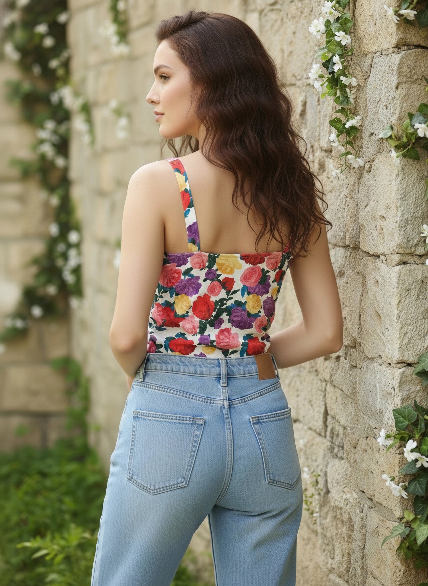 Berrylush Women Multicolour Floral Printed Sweetheart Neck Sleeveless Twisted Front Knitted Regular Top