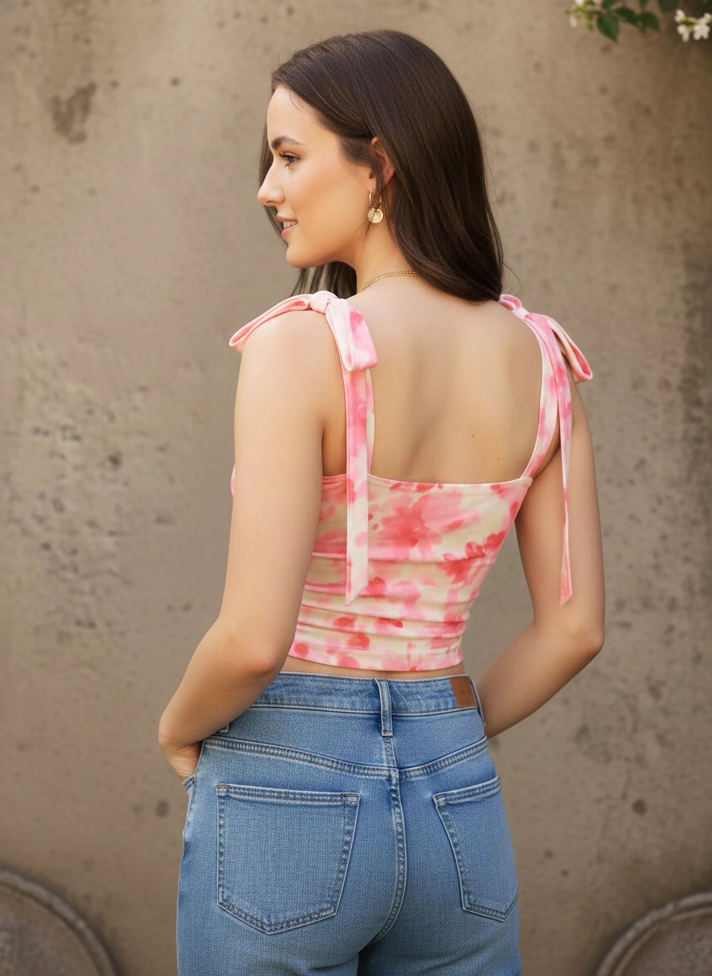 Berrylush Women Pink Floral Print Shoulder Straps Fitted Crop Top
