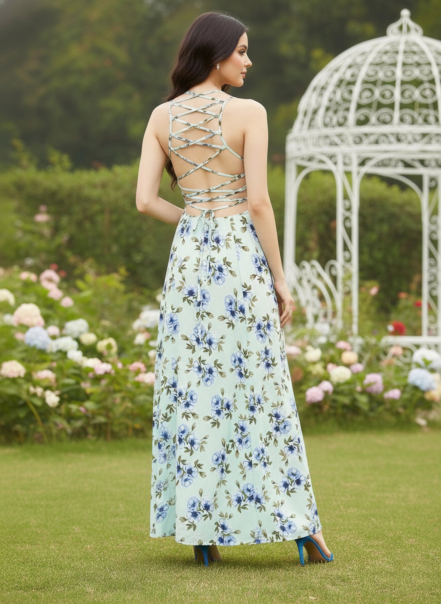 Berrylush Women Green Floral Print Tie-up Maxi Dress