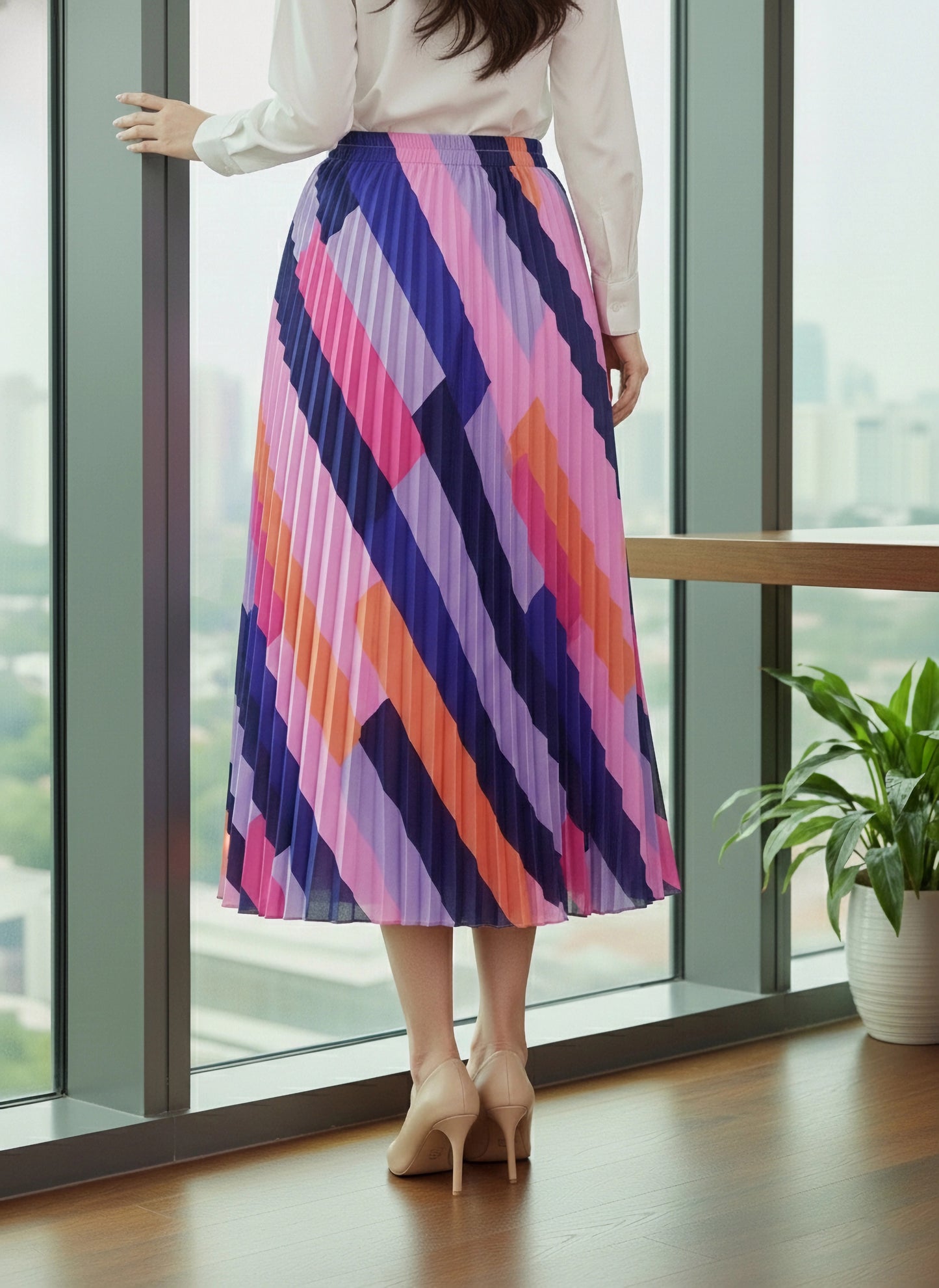 BIZwear Multicolour Colourblock Printed Elastic High-Rise Waist Straight Hem Pleated A-Line Midi Skirt