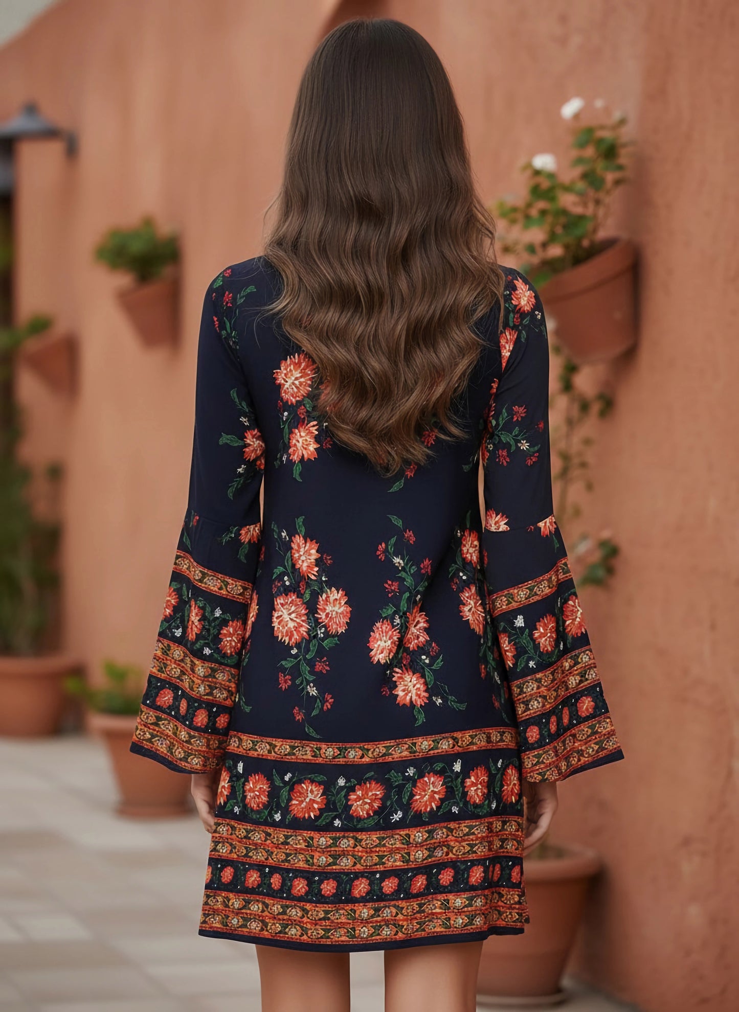 Berrylush Women Navy Blue & Orange Floral Printed Tie-Up Neck A-Line Mini Dress