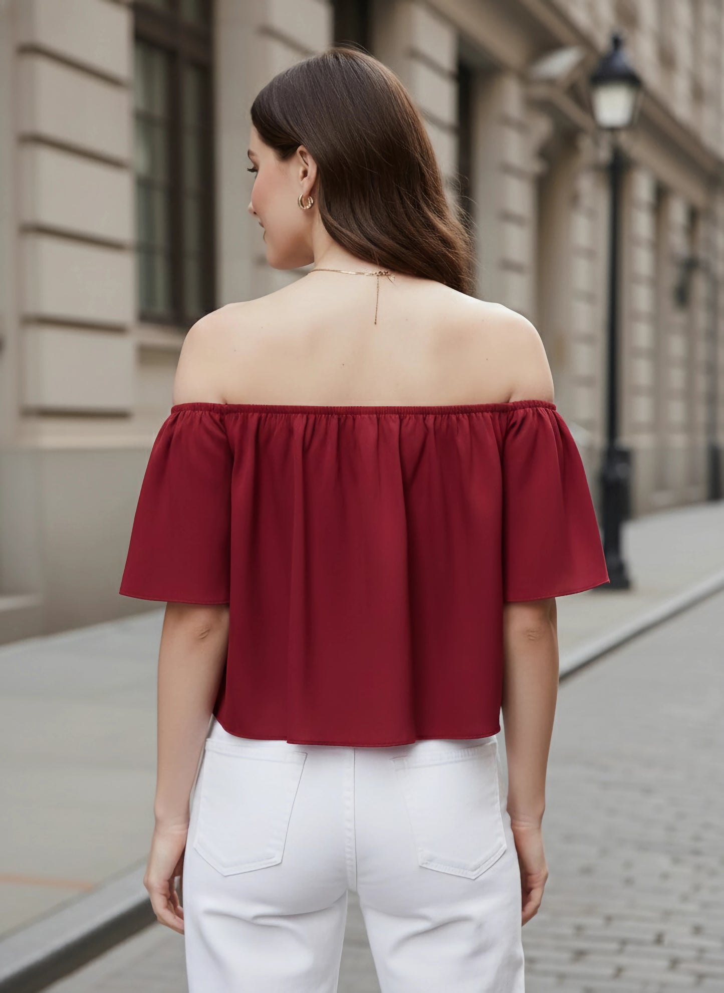 Berrylush Women Solid Red Off-Shoulder Neck Ruffled Crop Bardot Top
