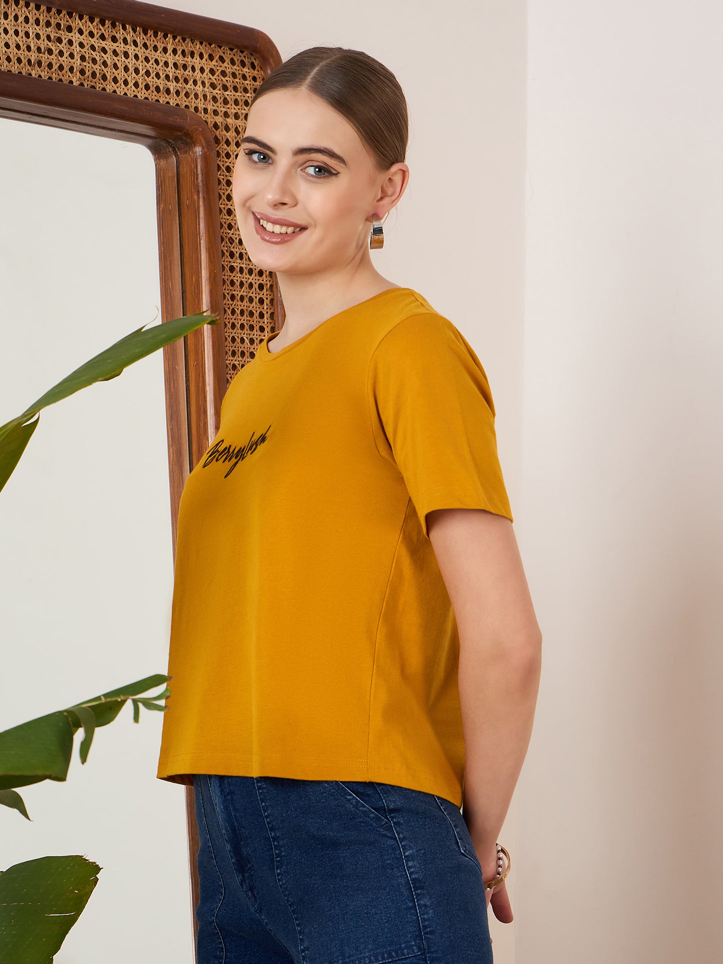 Berrylush Women Solid Mustard Yellow Round Neck Front Brand Logo Short Sleeves Knitted Regular T-Shirt