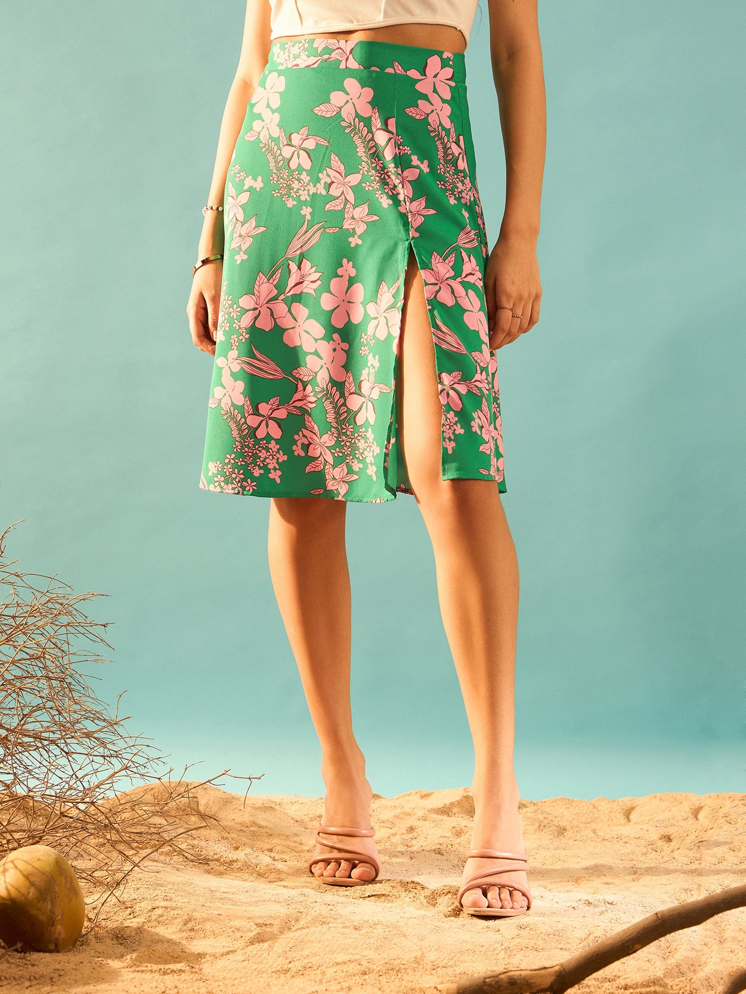 Berrylush Women Green & Pink Floral Printed High-Rise Waist Straight Hem Thigh-High Slit Pencil Midi Skirt
