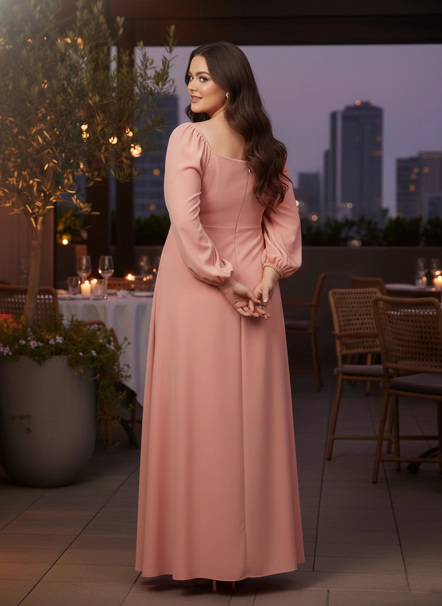 Berrylush Curve Women Solid Peach Square Neck Crepe Thigh-High Slit Flared A-Line Maxi Dress