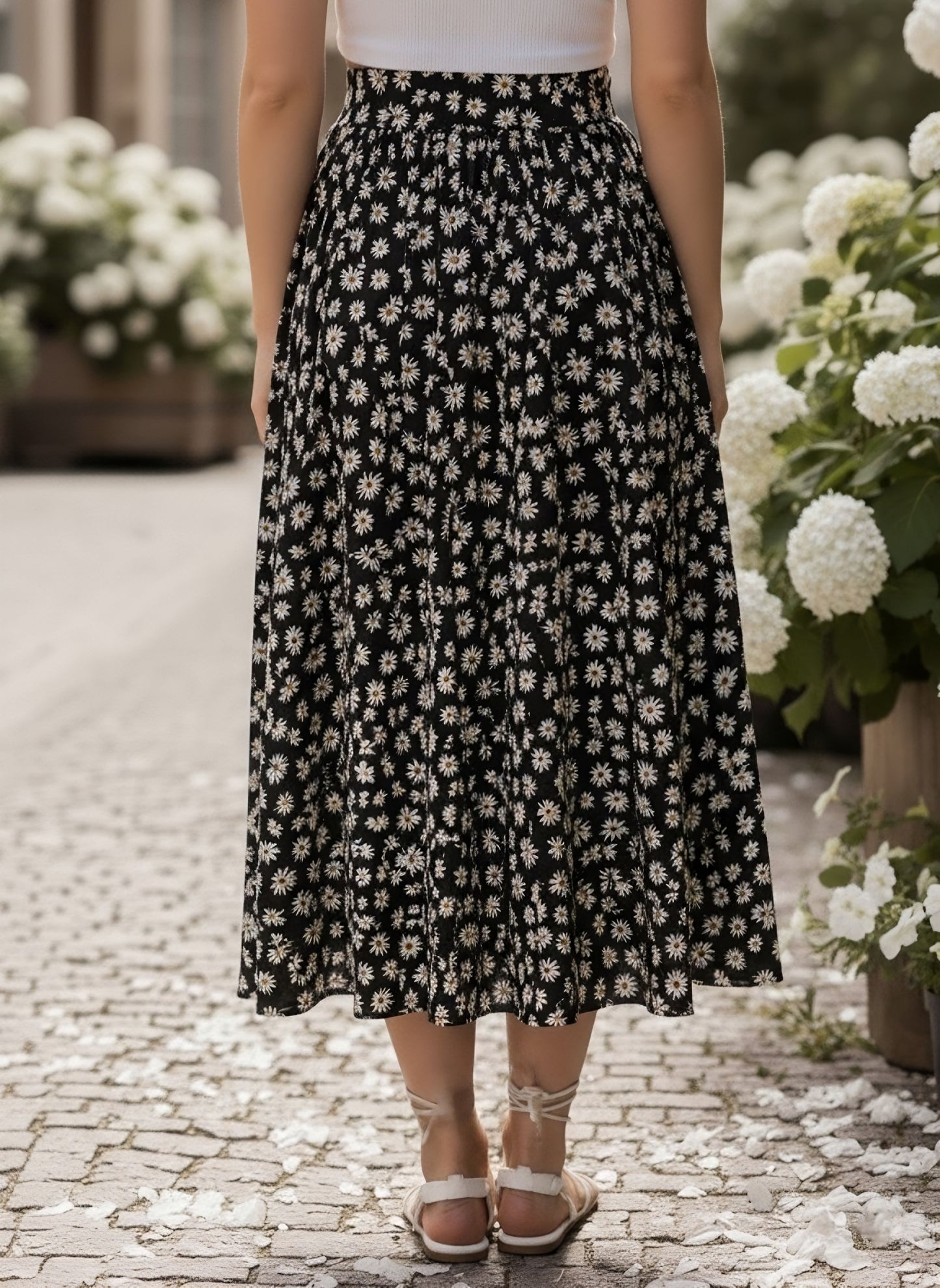 Berrylush Women Black & White Floral Printed High-Rise Waist Slip-On Flared Midi Skirt