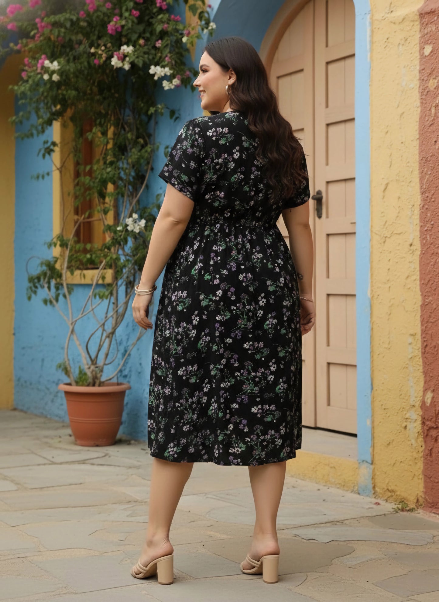 Berrylush Women Plus Size Black & Purple Floral Printed V-Neck Crepe Flared Wrap Midi Dress