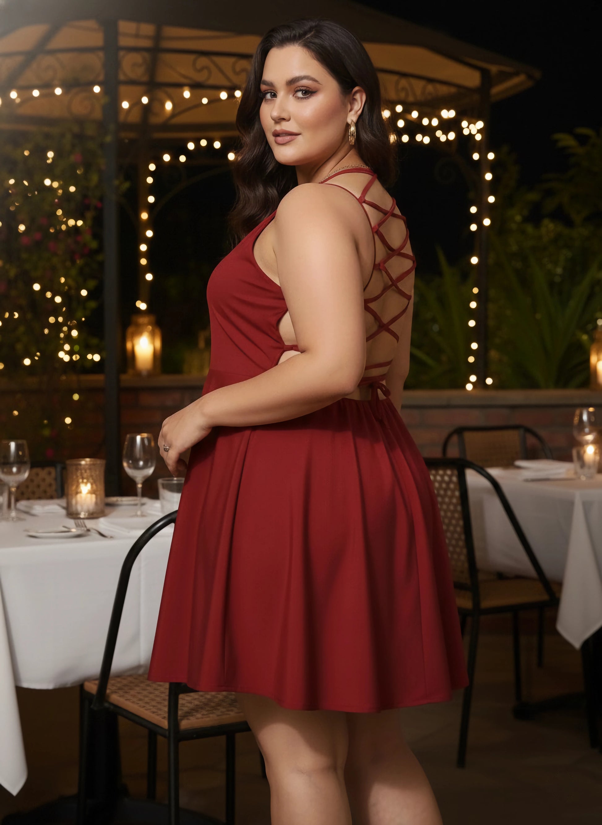 strapless open back dress Women Plus Size Solid Red Square Neck Tie-Up Caged Back Crepe Fit & Flare  Mini Dress
