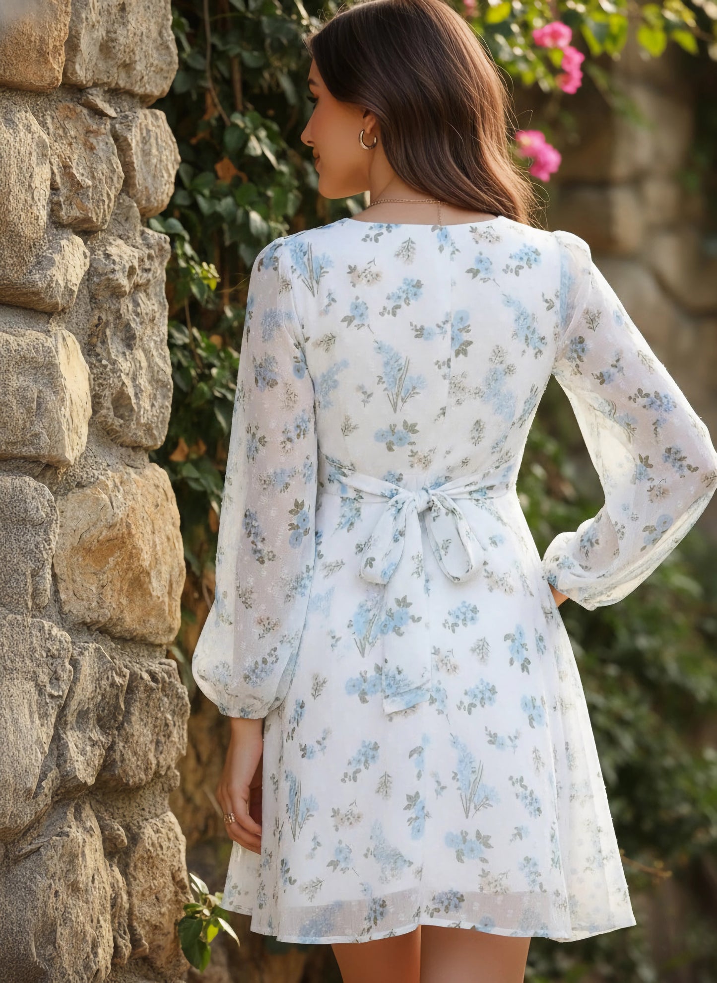 Berrylush Women White & Blue Floral Printed V-Neck Waist Tie-Up Chiffon Fit & Flare Mini Dress