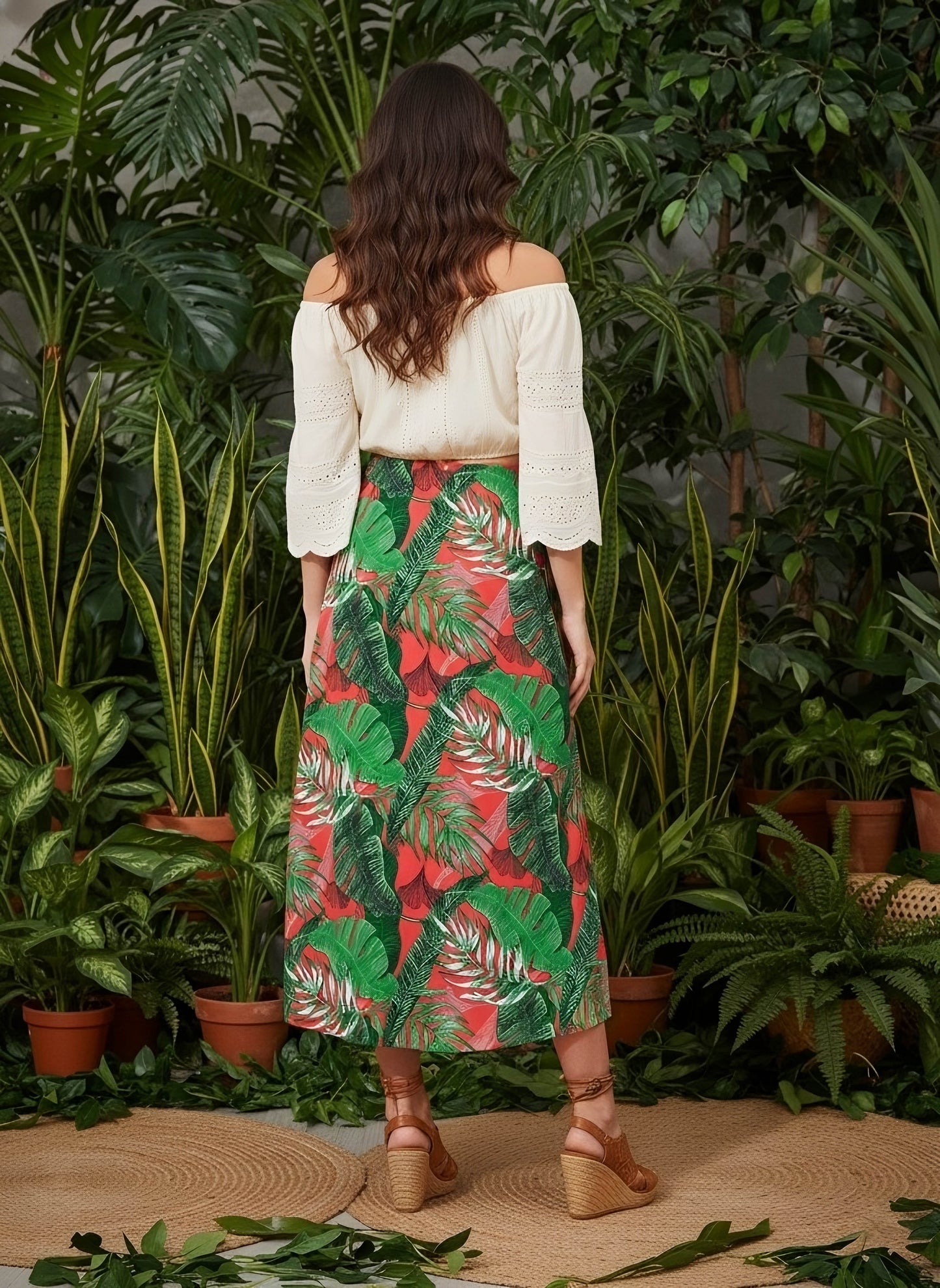 Berrylush Women Red & Green Tropical Printed High-Rise Waist Straight Hem Thigh-High Slit A-Line Maxi Skirt