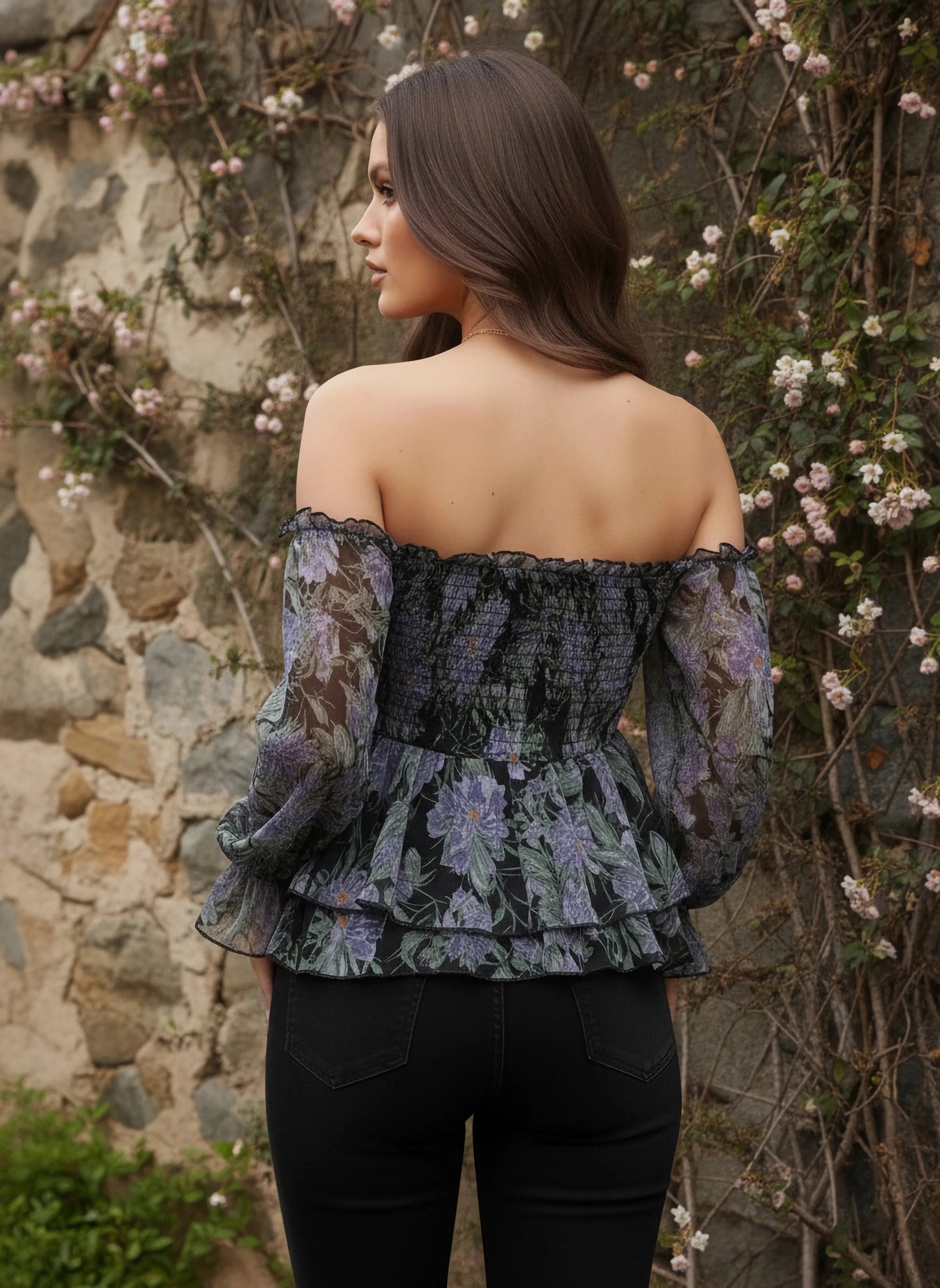 Berrylush Women Black & Purple Floral Printed Off-Shoulder Neck Bishop Sleeves Georgette Smocked Peplum Regular Top
