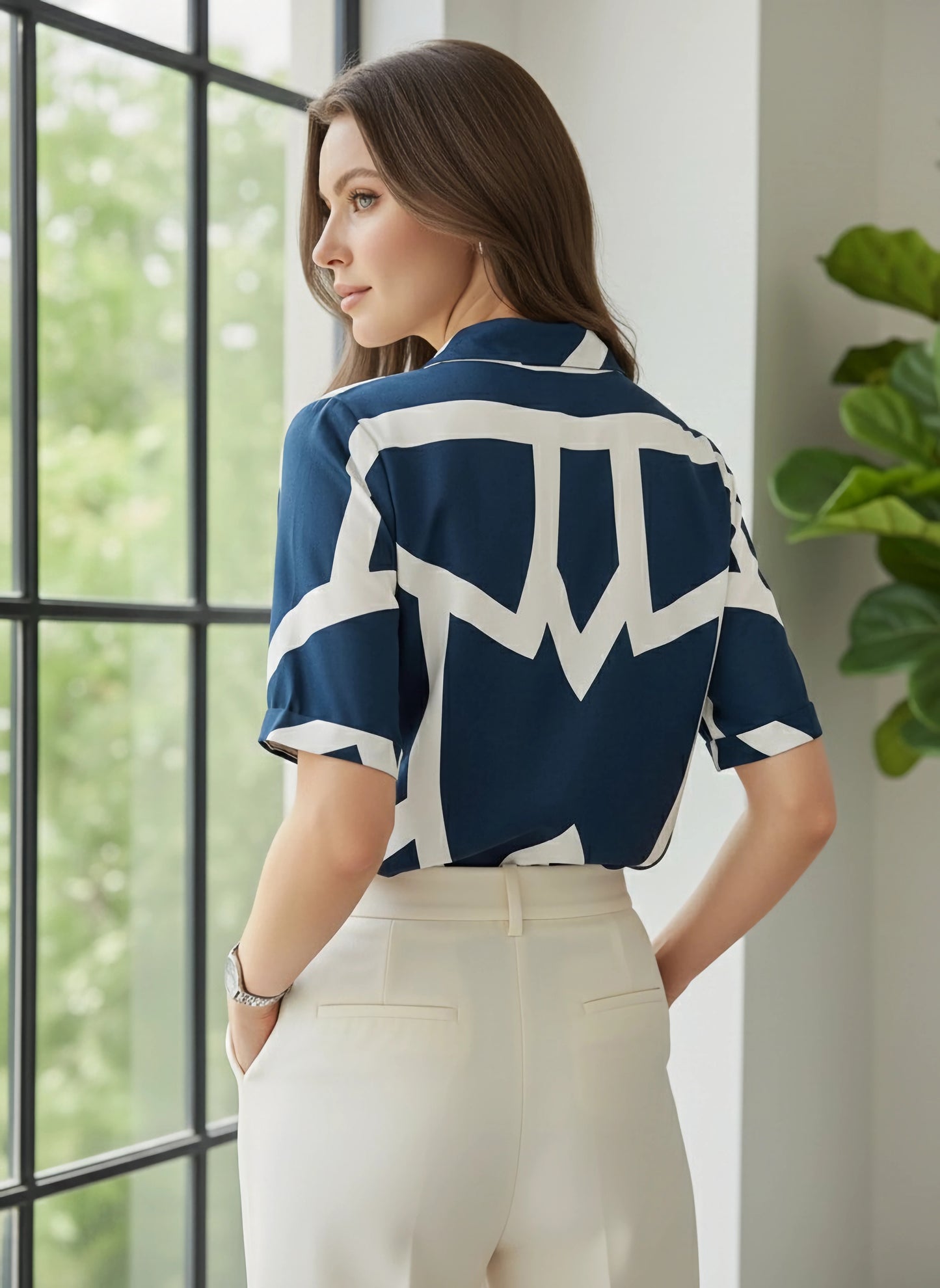 Berrylush BIZwear Women Navy Blue & White Geometric Printed Collar Neck Front Button Regular Top