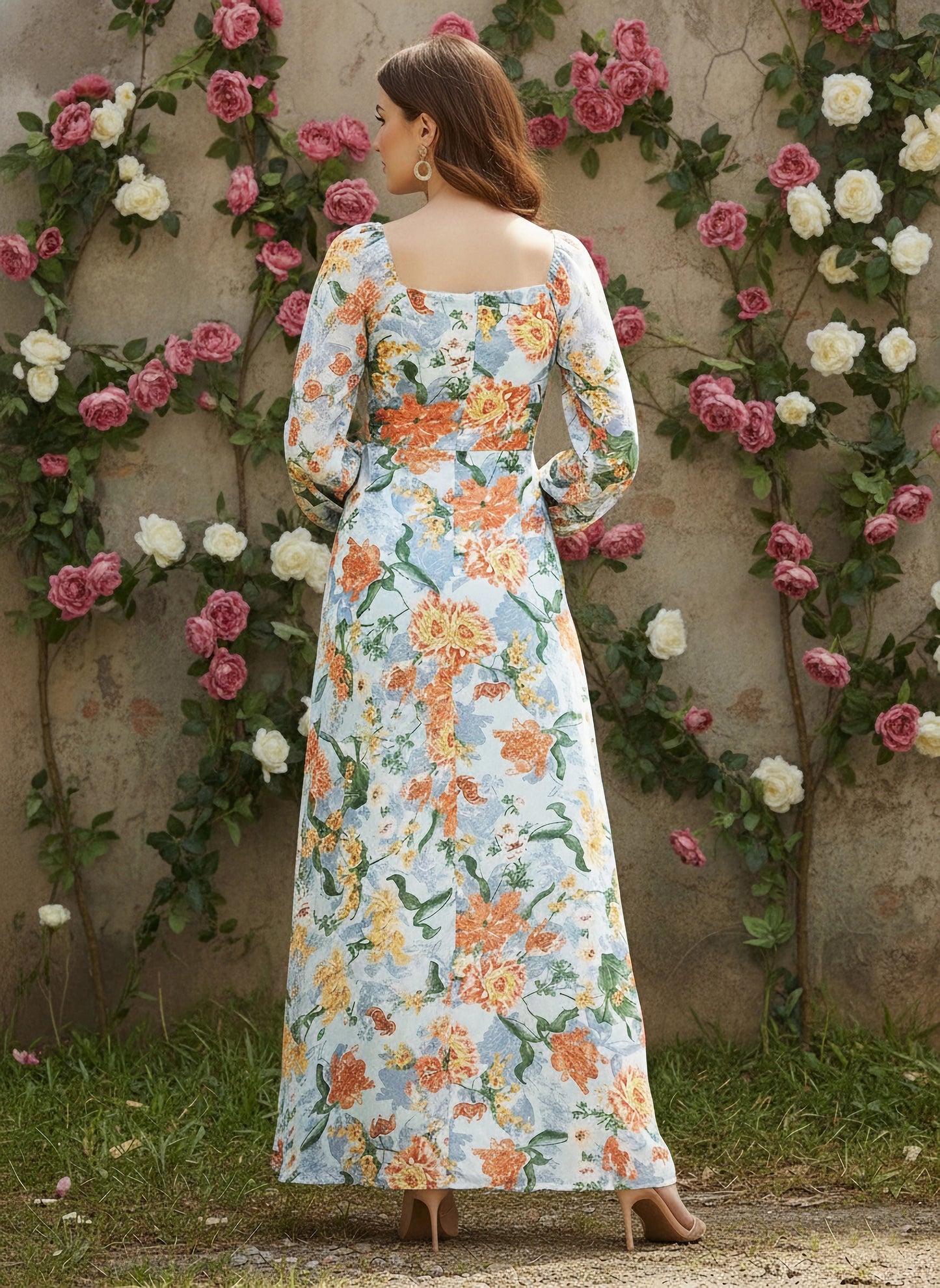 chinese dress ladies Floral Tie Waist Long Sleeve Square Neck Maternity Dress – HELLO MIZ main image 1