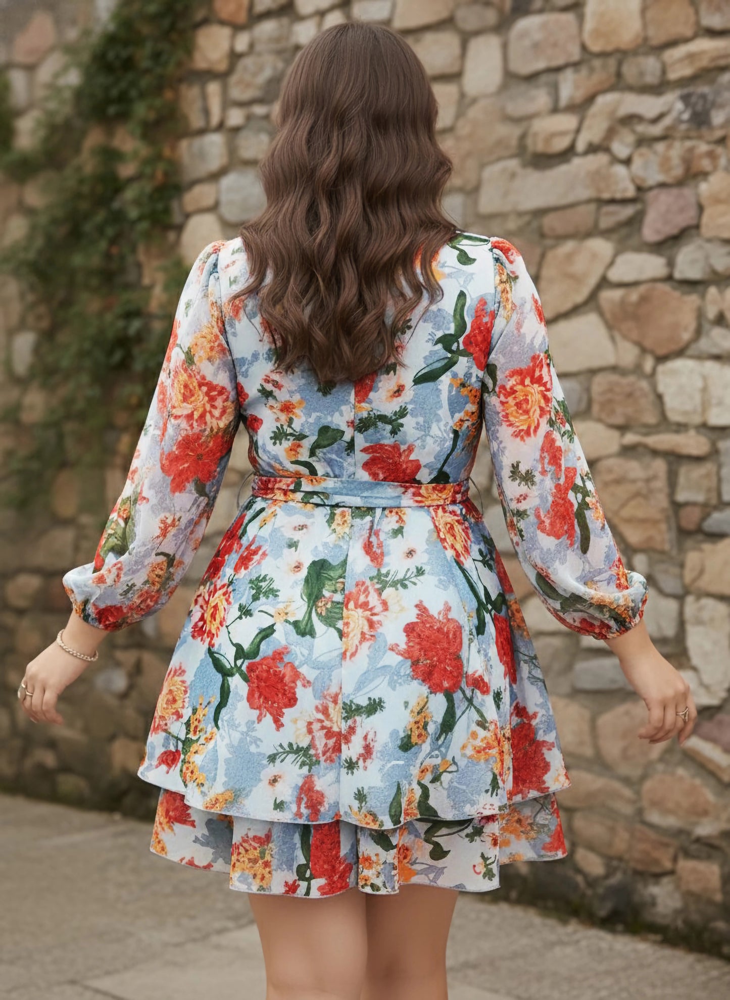 Plus Size Blue & Red Floral Printed Sweetheart Neck Tie-Up Waist Pleated Mini Jumpsuit