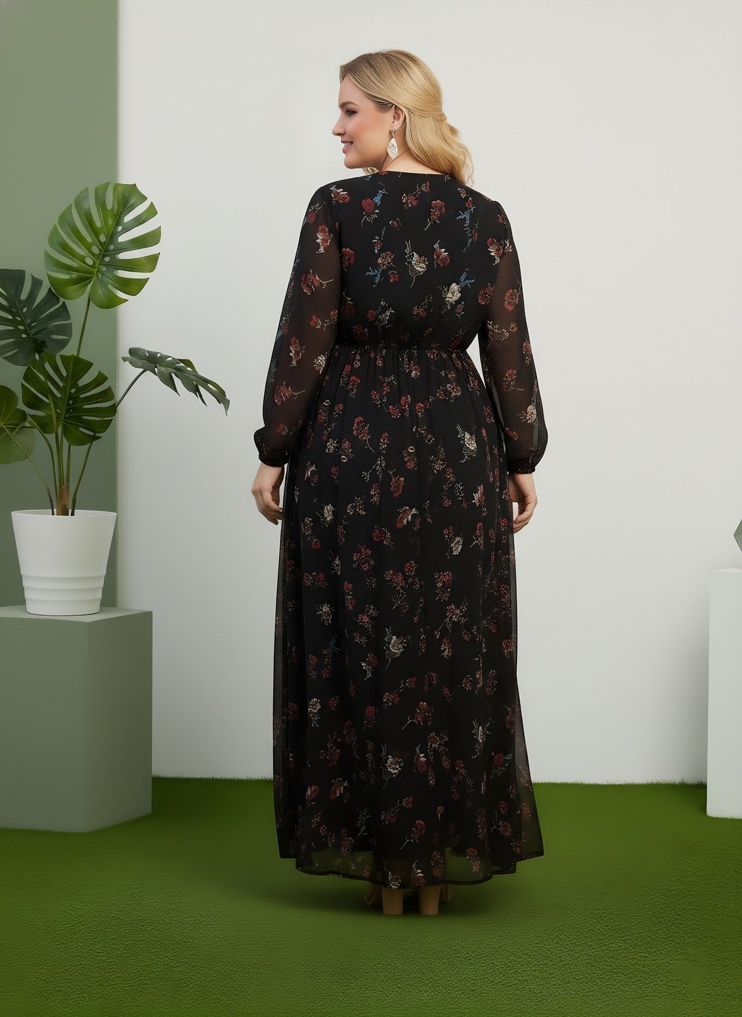 Berrylush Curve Women Black & Red Floral Printed V-Neck Bishop Sleeves Waist Tie-Up Pleated Maxi Dress