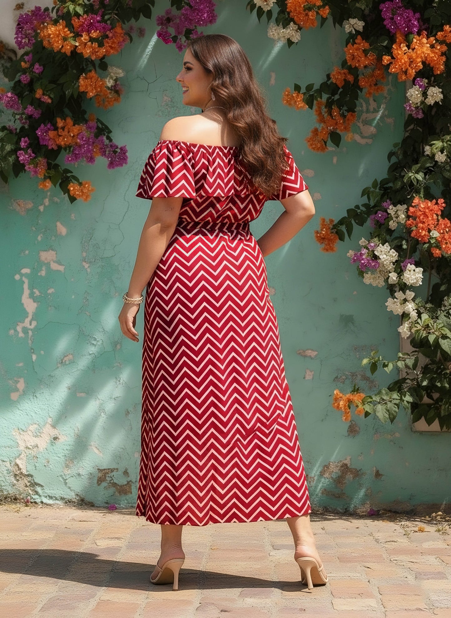 Berrylush Women Plus Size Maroon & White Chevron Printed Off-Shoulder Neck Crop Top & Thigh-High Slit Maxi Skirt Co-Ord Set