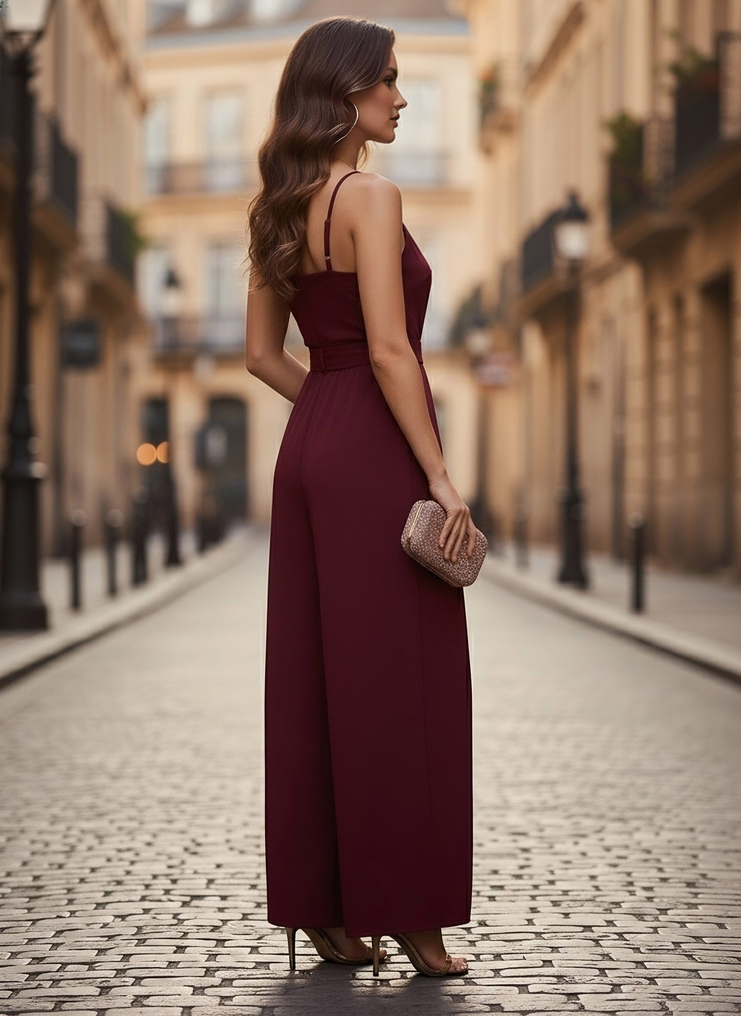Berrylush Women Solid Maroon V-Neck Sleeveless Tie-Up Waist Thigh-High Slits Pleated Maxi Jumpsuit