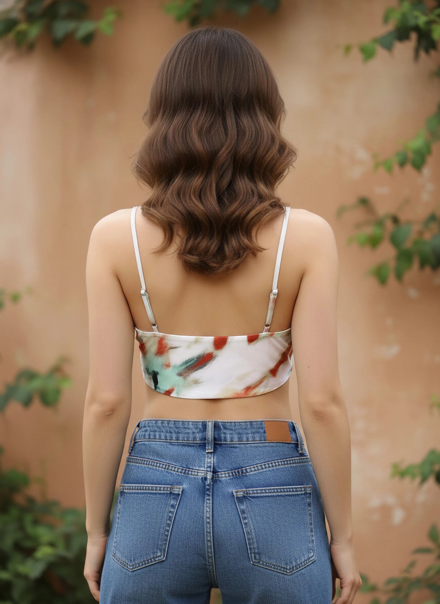 Berrylush Women Charming White Abstract Printed Square Neck Crepe Crop Top