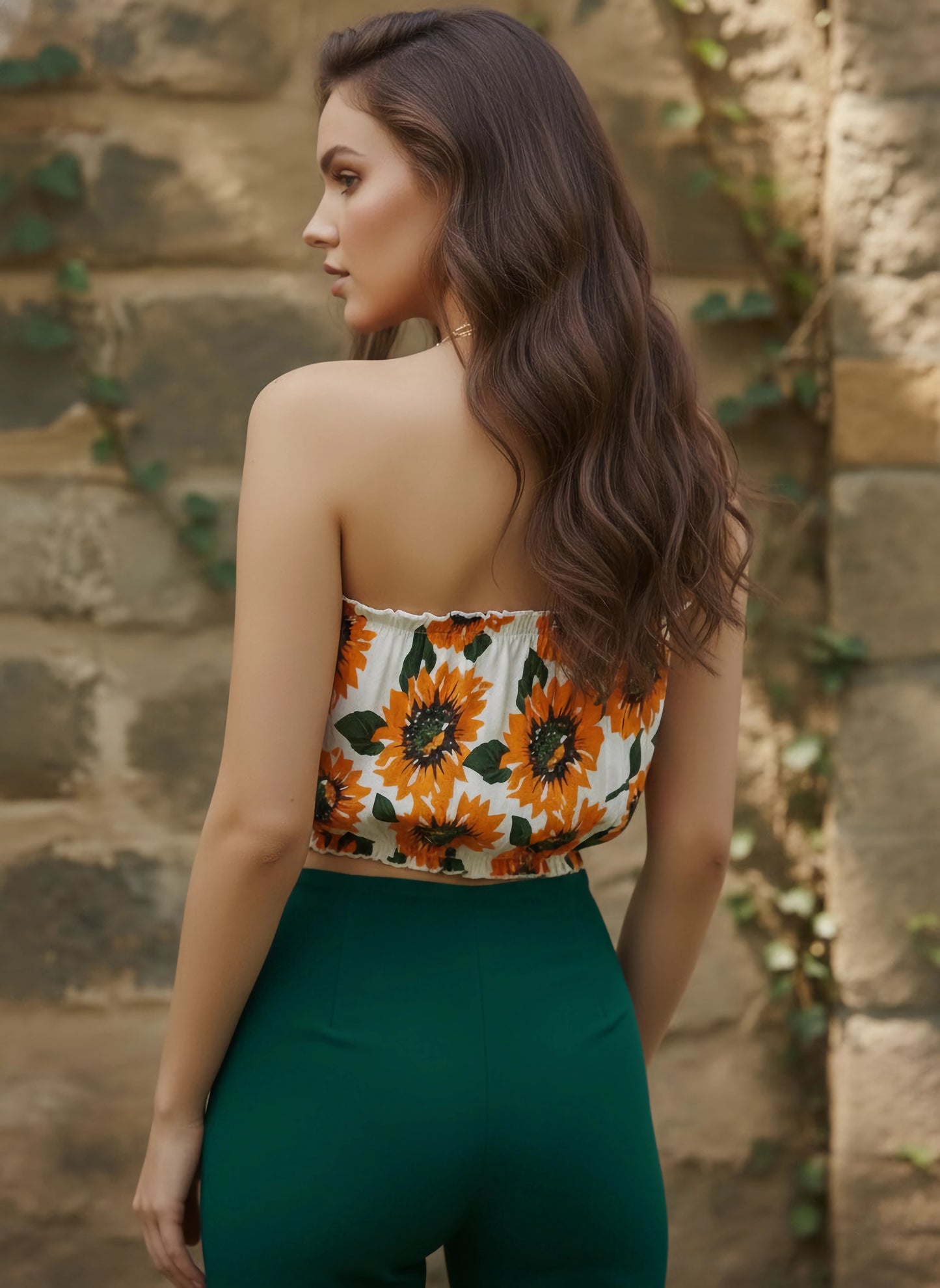 Berrylush Women Mustard Floral Printed Bandeau Ruffled Crop Top
