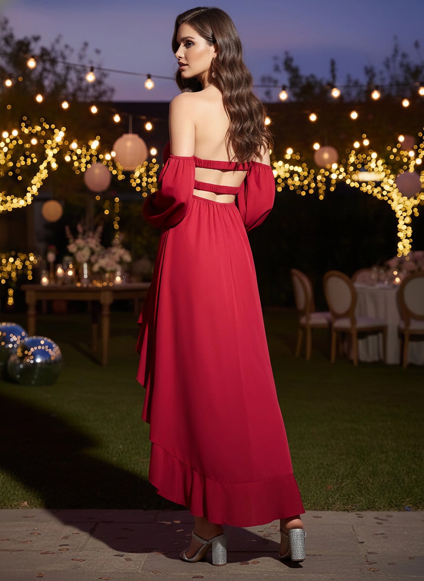 Solid Red Off-Shoulder Neck Puff Sleeves Cut-Out Asymmetrical Hem A-Line Midi Dress