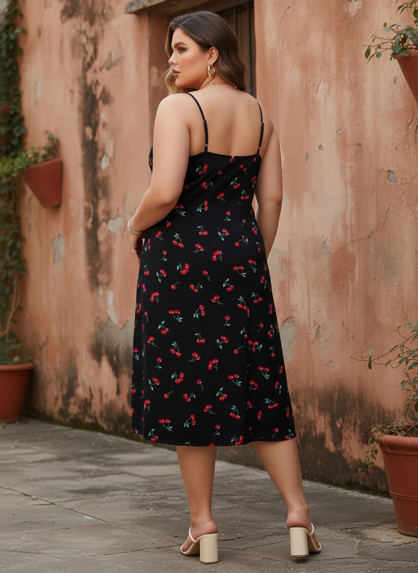 Berrylush Women Plus Size Navy Blue Cherry Printed Sweetheart Neck Ruched Sheath Midi Dress