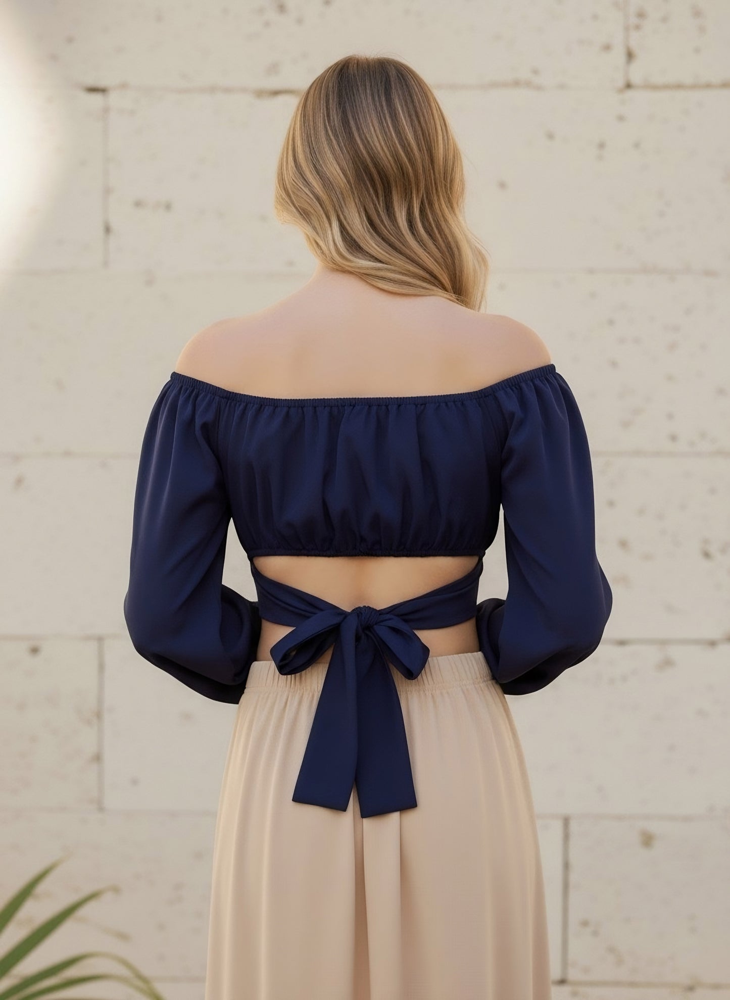 Berrylush Women Solid Navy Blue Square Neck Bishop Sleeves Back Tie-Up Pleated Crop Blouson Top